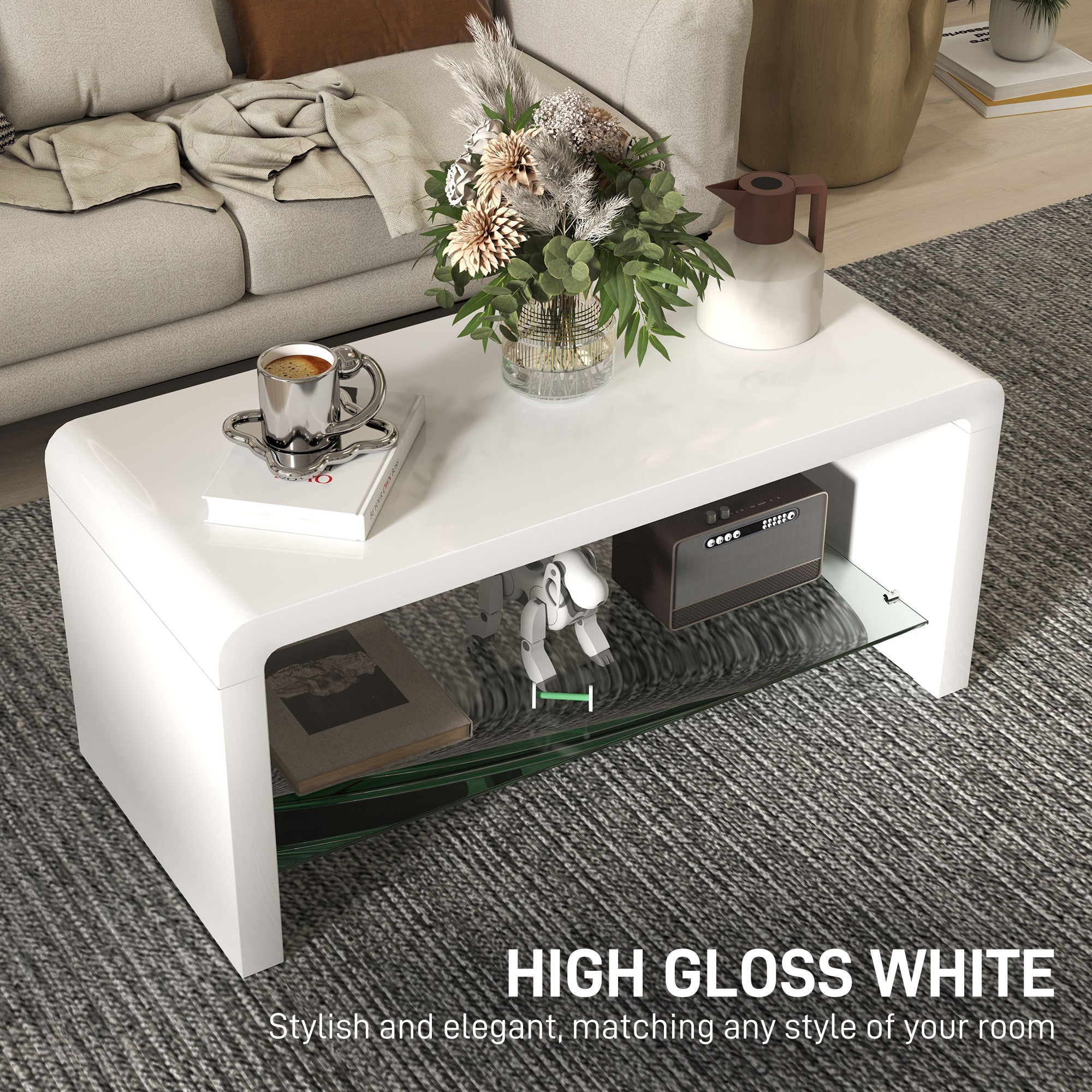 Curved Two-Tier Coffee Table with Glass Shelf - High Gloss White