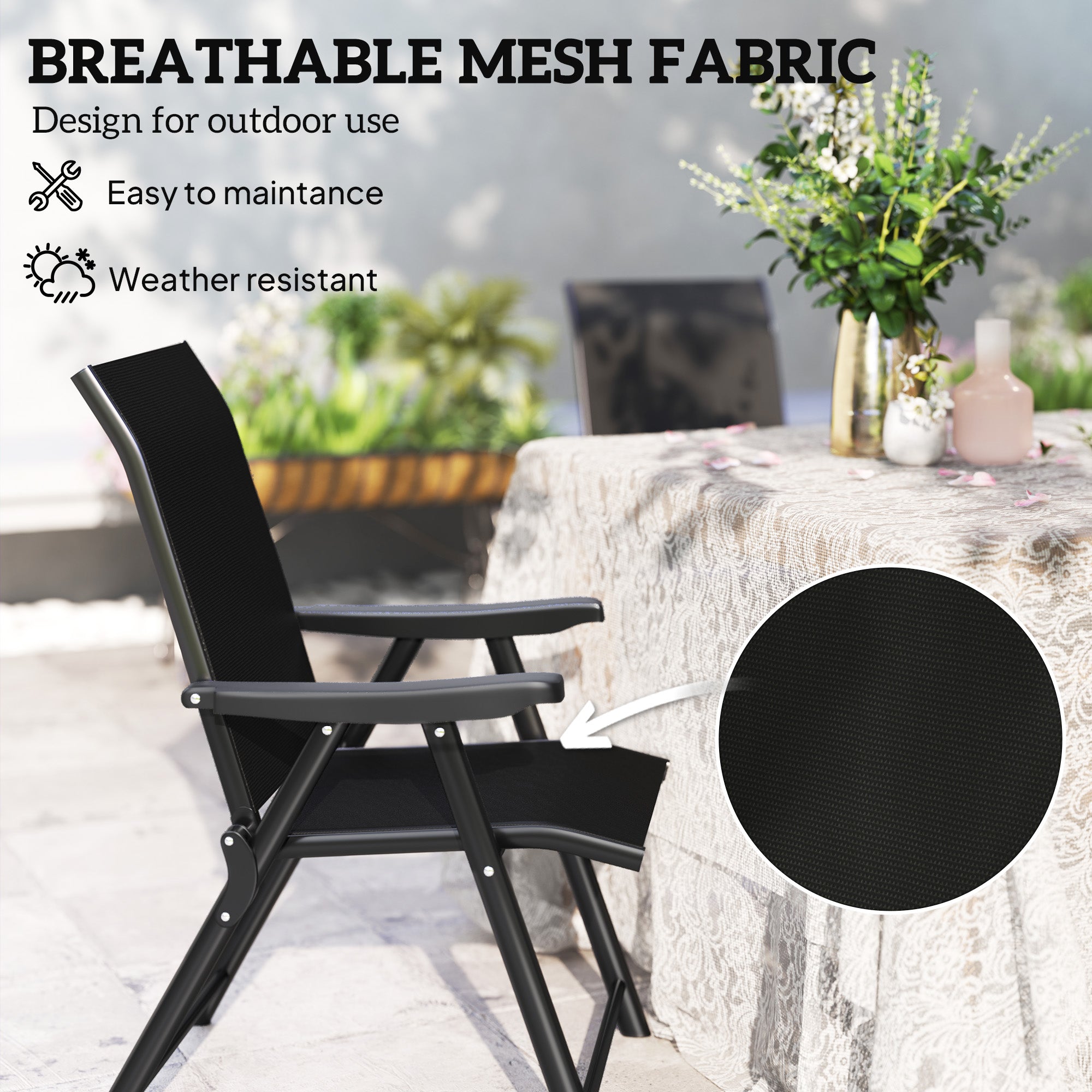 Set of Four Folding Outdoor Chairs with Breathable Mesh - Black
