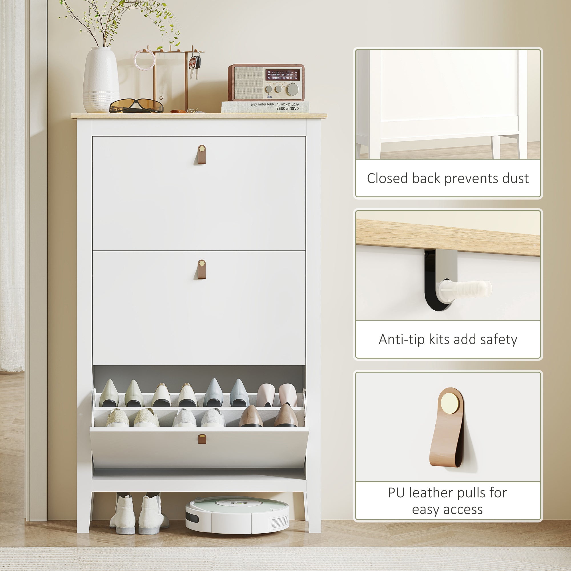 Modern Three-Drawer Shoe Cabinet - White