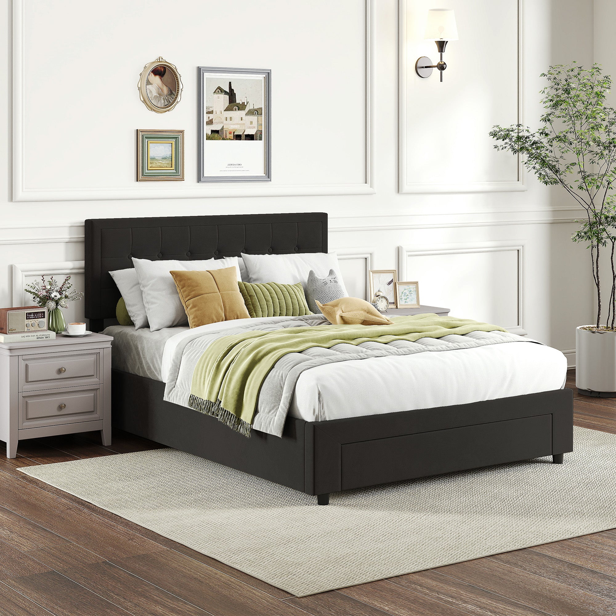Double Ottoman Bed Frame, with Front Drawer - Black