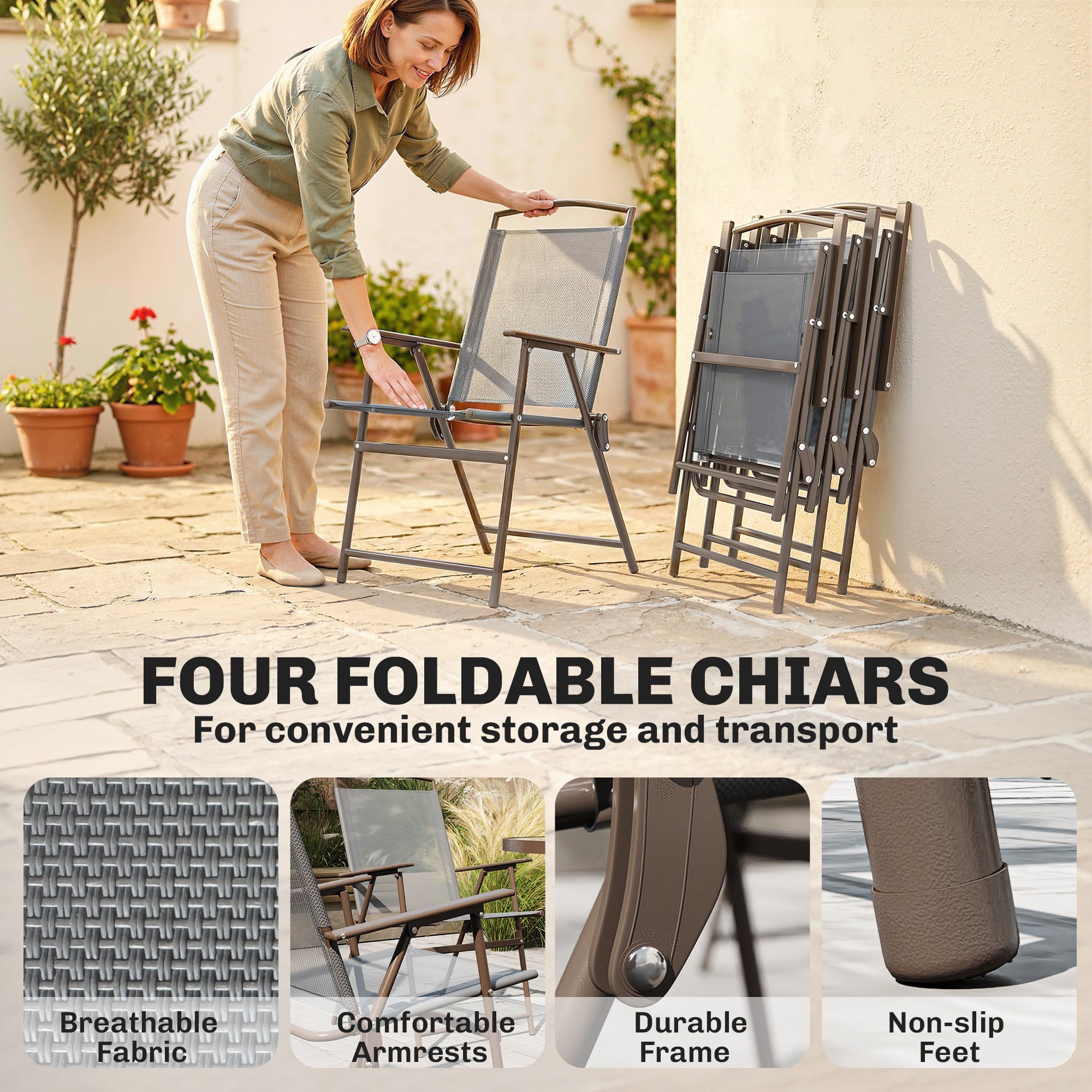 6 Piece Garden Dining Set with Umbrella, Patio Sets with Parasol, 4 Folding Dining Chairs, Dark Grey