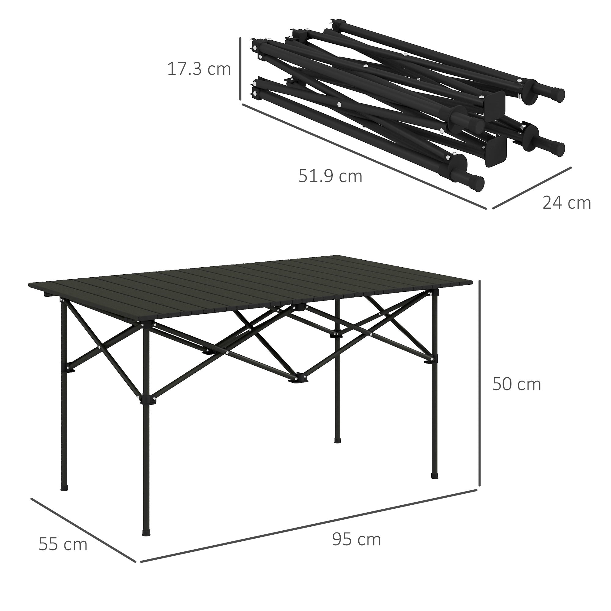 Two-Seater Portable Aluminium Table, with Roll-Up Tabletop and Bag - Black