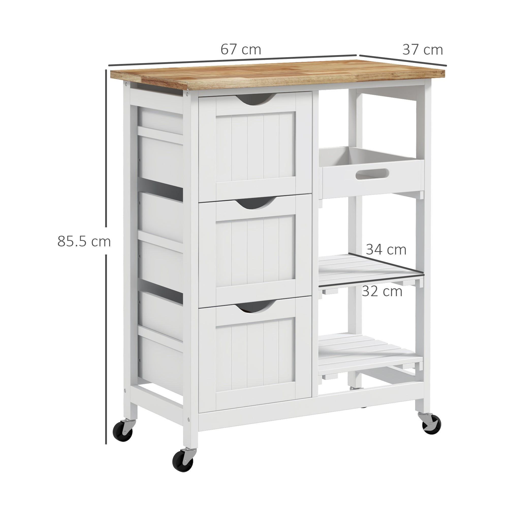 Rolling Kitchen Island Cart, Bar Serving Cart, Compact Trolley on Wheels with Wood Top, Shelves & Drawers for Home Dining Area, White