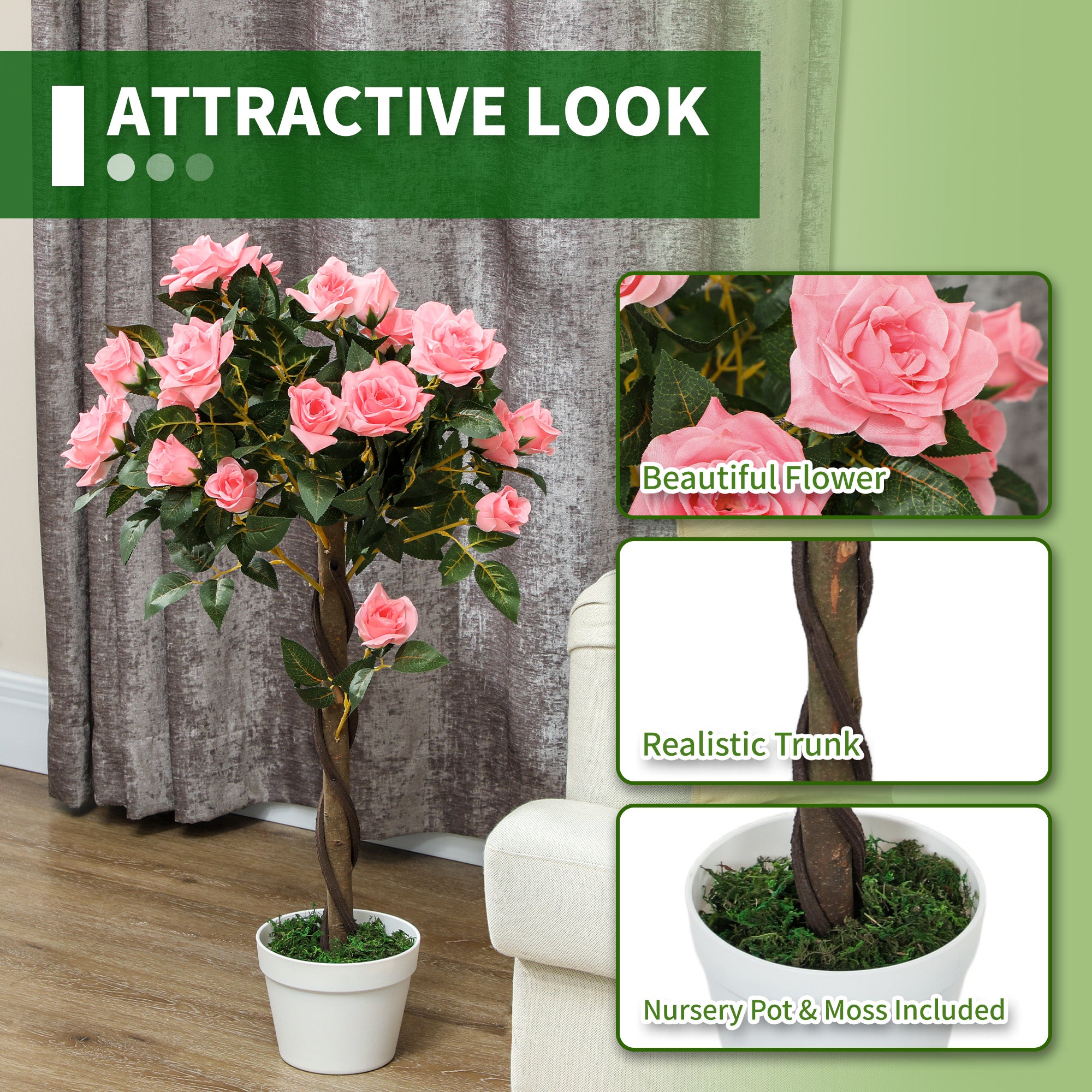 Set of 2 Artificial 90cm Pink Rose Plants in Pot for Indoor Outdoor Decor - Pink