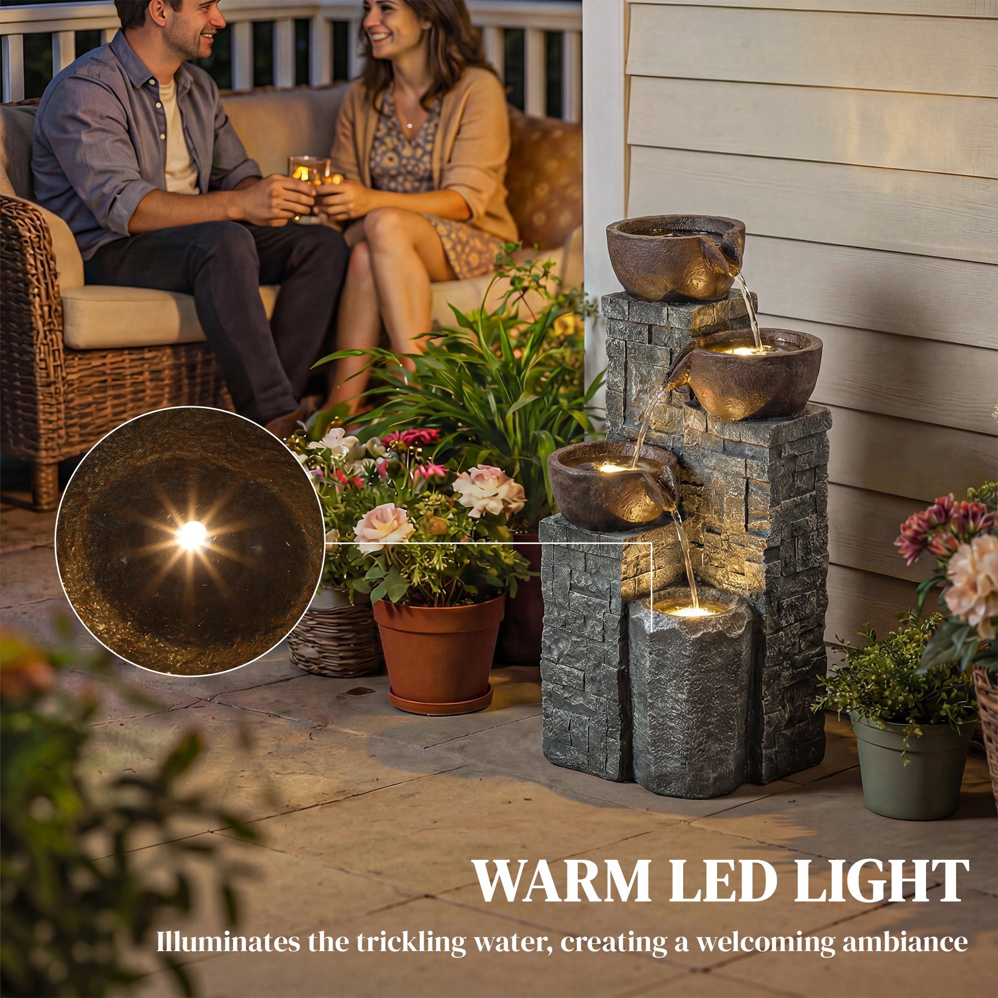 4-Tier Outdoor Fountain, Cascading Waterfall, Garden Fountain with LED Lights, Adjustable Flow, Grey and Rustic Brown