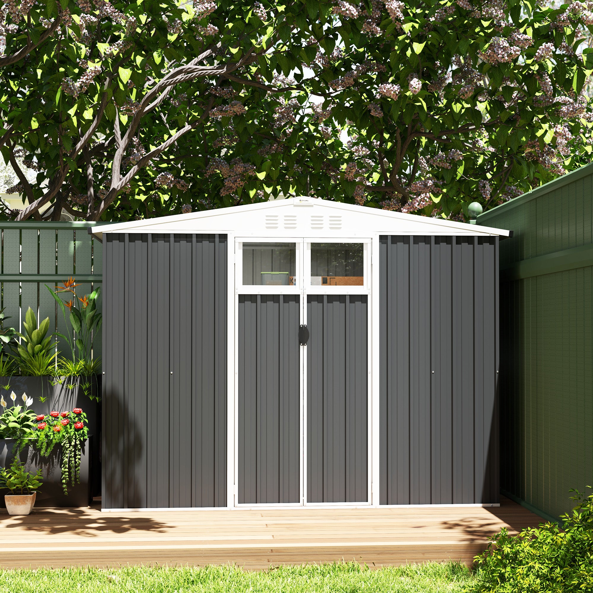 8 x 4 ft Metal Garden Storage Shed with Window and Lockable Door - Dark Grey