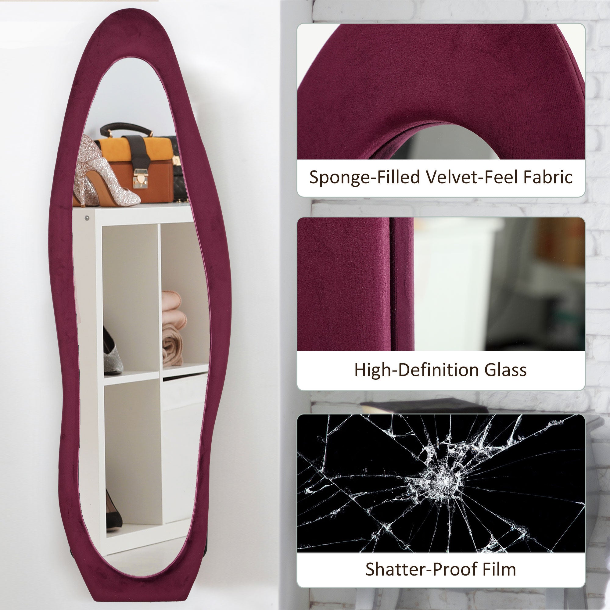 Wavy Velvet-Feel Full Length Mirror - Wine Red