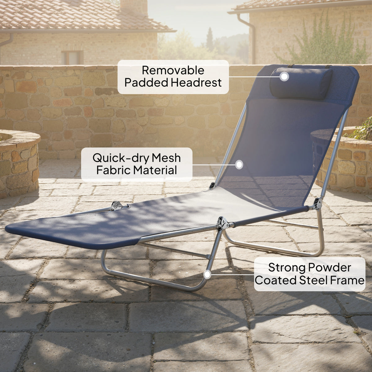 Folding Sun Lounger with Head Pillow - Dark Blue