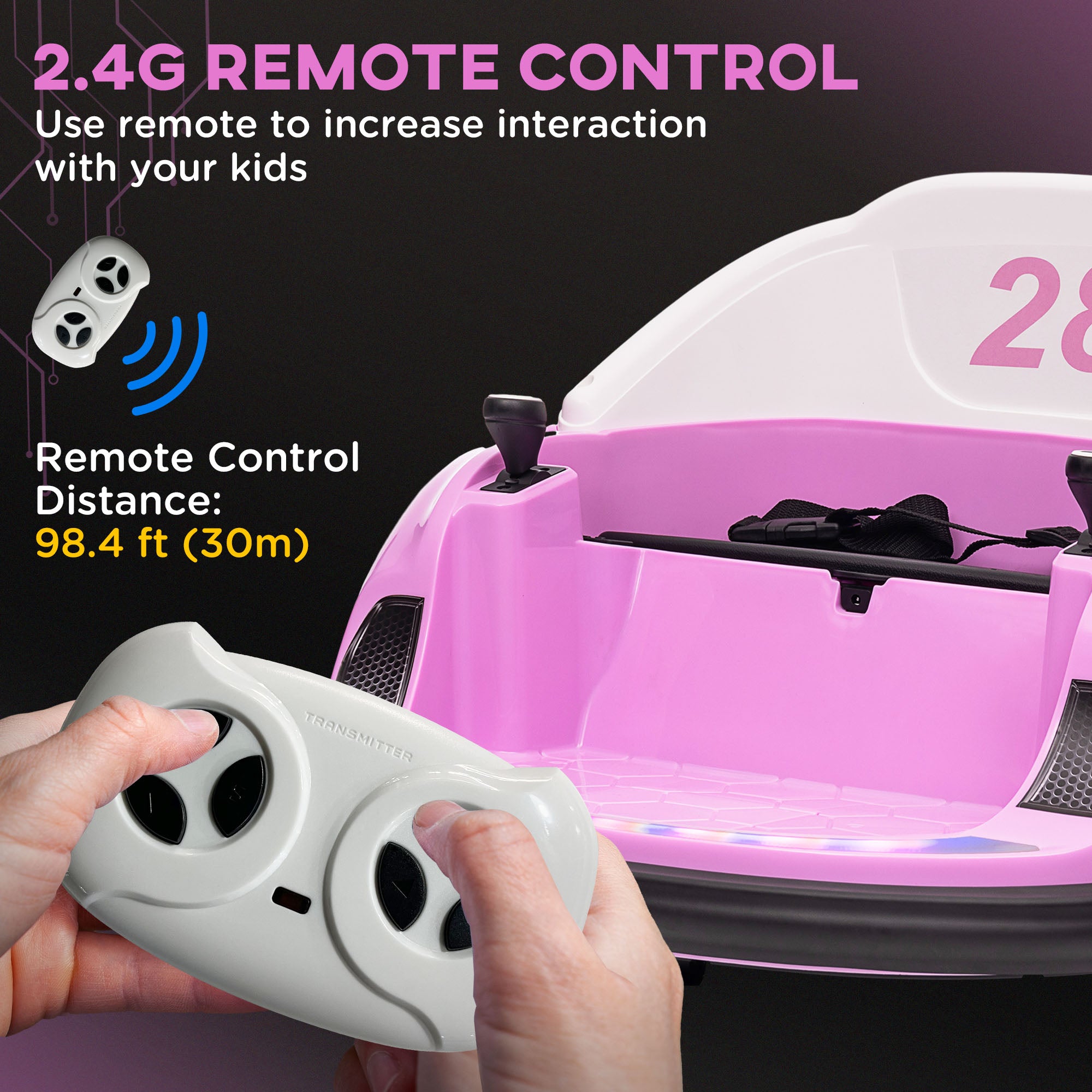 360° Rotation Kids Bumper Car, 12V Waltzer Car with Remote Control, Dual Joysticks, Music Lights - Pink