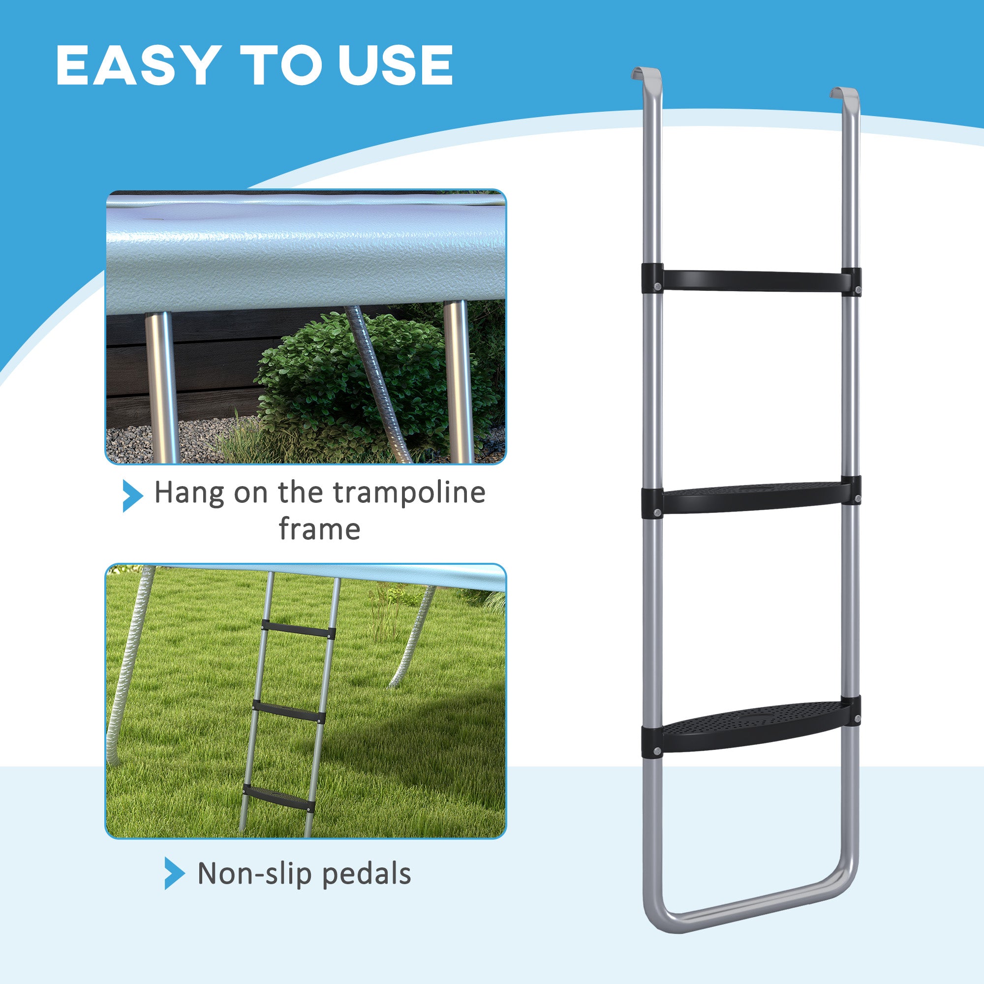 Galvanised Steel Trampoline Ladder, 2 Steps/3 Steps Outdoor Trampoline Accessories for 6ft, 8ft, 10ft, 12ft, 13ft, 14ft, 16ft Trampoline, 110L x 32Wcm, Silver Tone