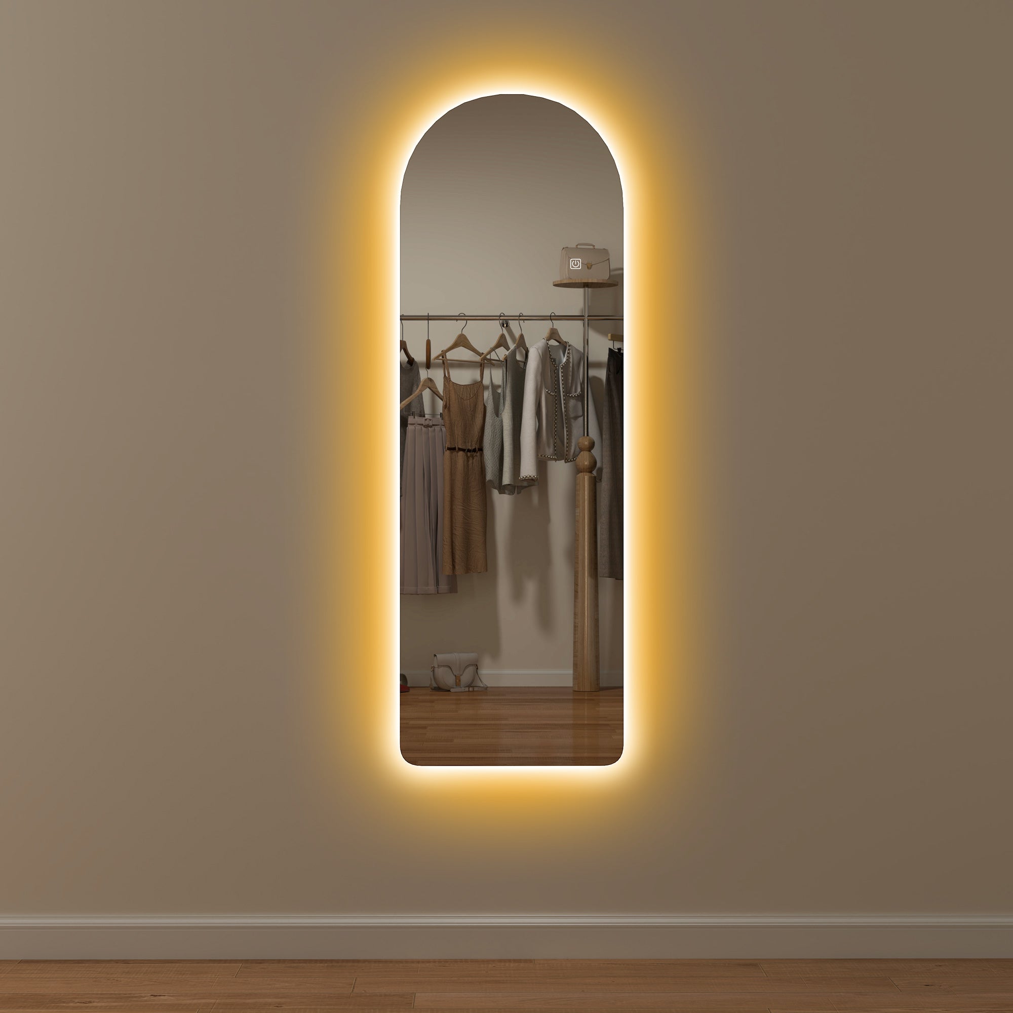 Arched Full Length Mirror with LED Lights, 120 x 40cm Backlit Frameless Wall Mirror with Dimming and 3 Colour Lighting for Living Room, Bedroom, Clear