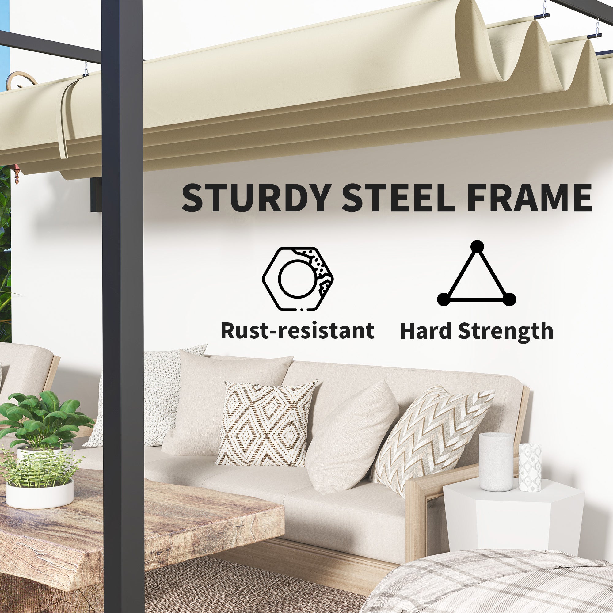 3 x 4m Steel Pergola with Retractable Canopy - Khaki