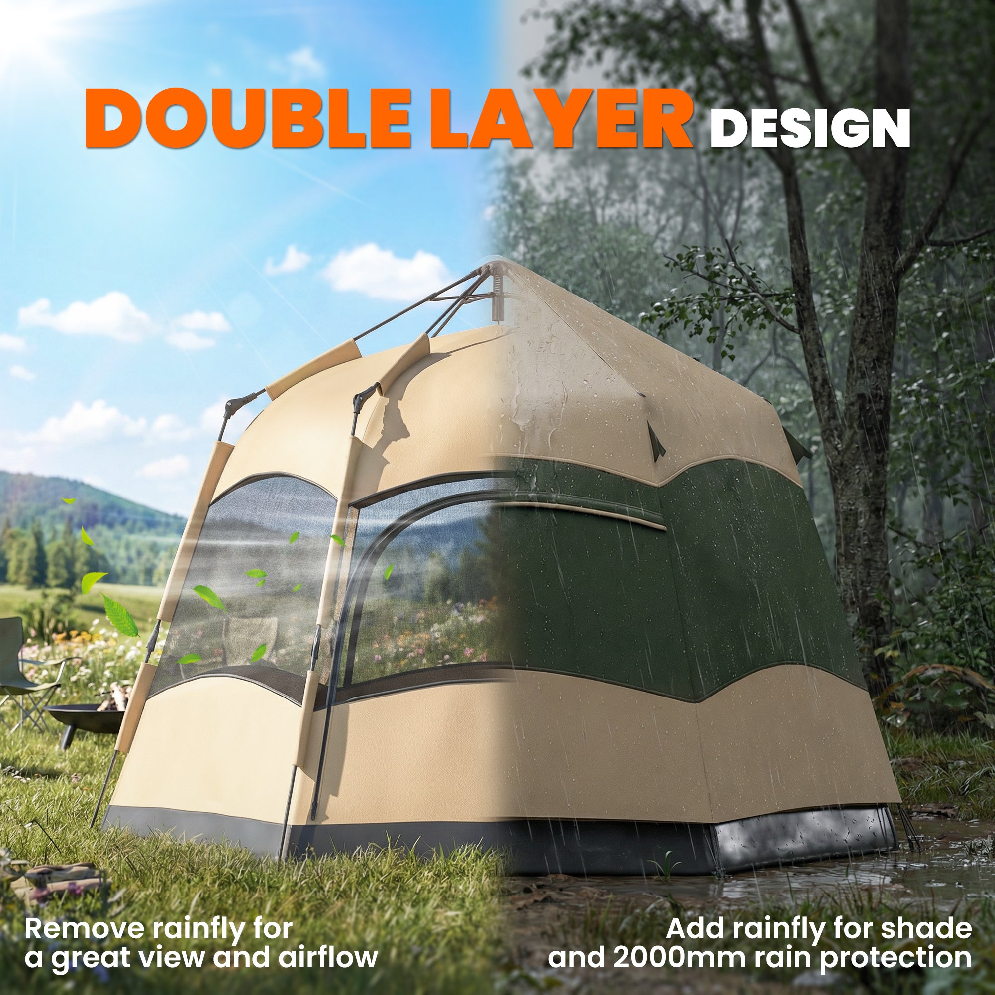 Double Layer Instant Pop Up Tent with Rainfly, Portable Camping Shelter with Sewn-in Groundsheet and Carry Bag, Khaki