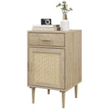 Rattan Bedside Table with Drawer, Cabinet & Adjustable Shelf - Natural Wood Effect