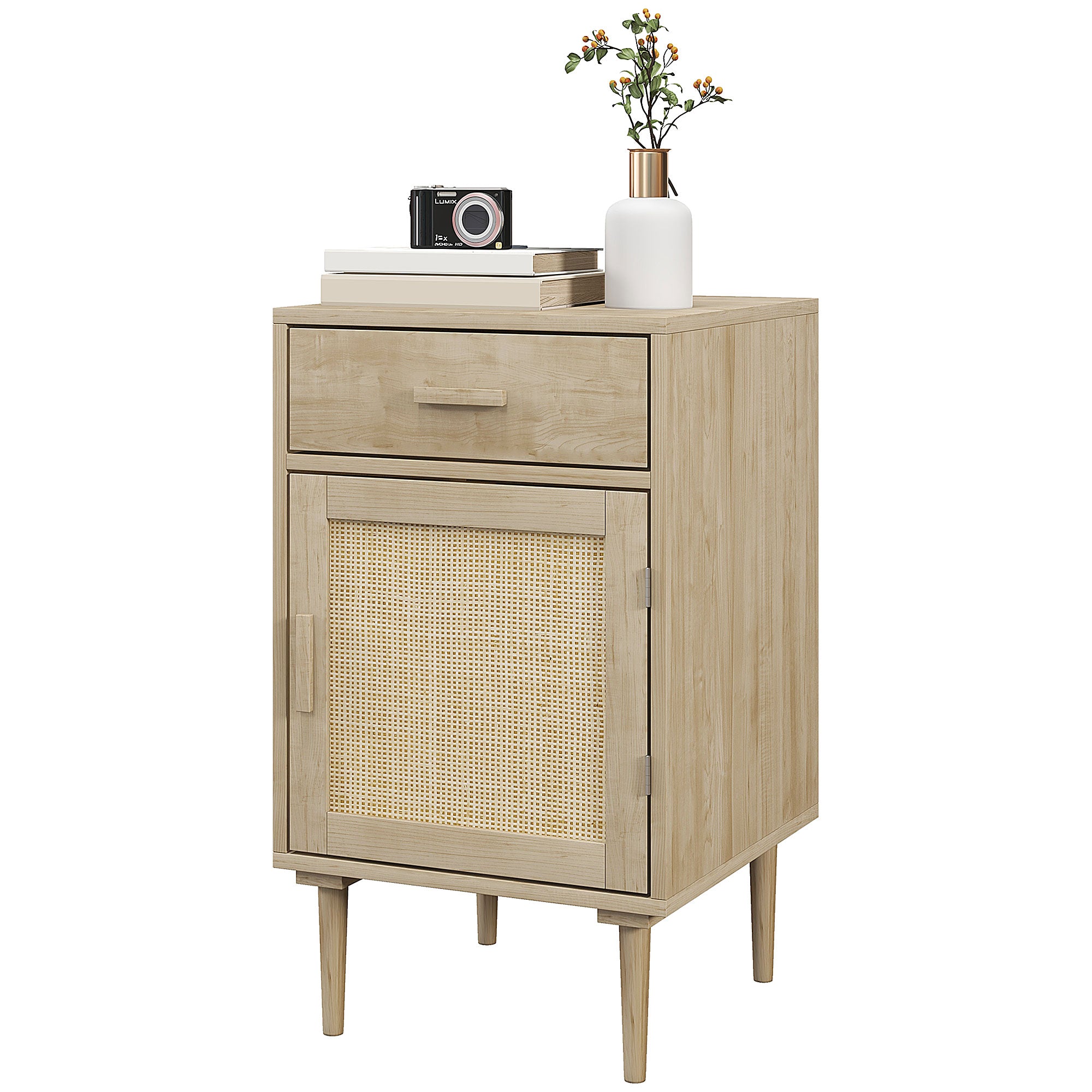 Bedside Table, Rattan Side Tables with Drawer, Cabinet and Adjustable Shelf, Boho Bedside Cabinet with Storage for Bedroom, Living Room, Natural Wood Effect