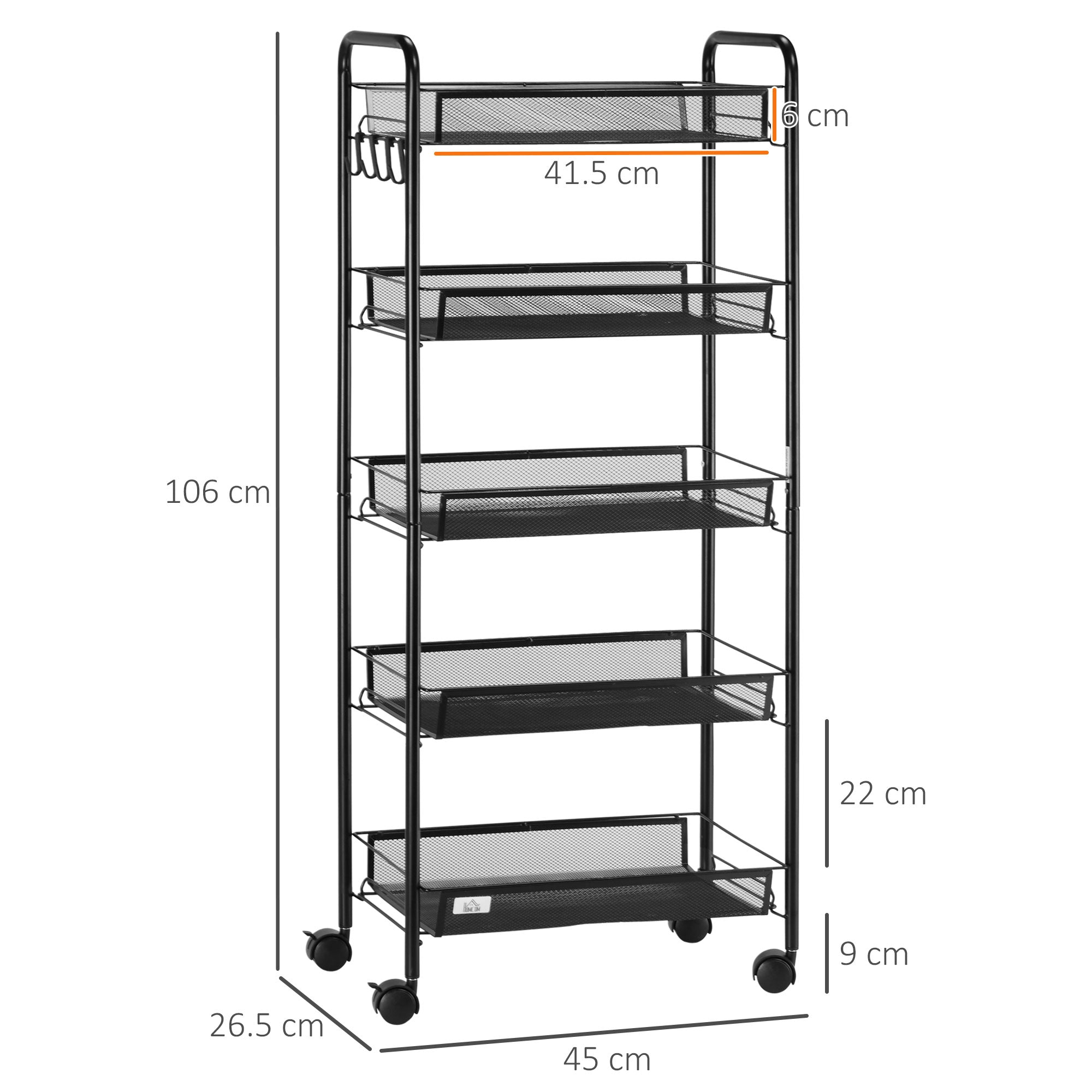 Five-Steel Mesh Basket Storage Trolley, with Wheels - Black