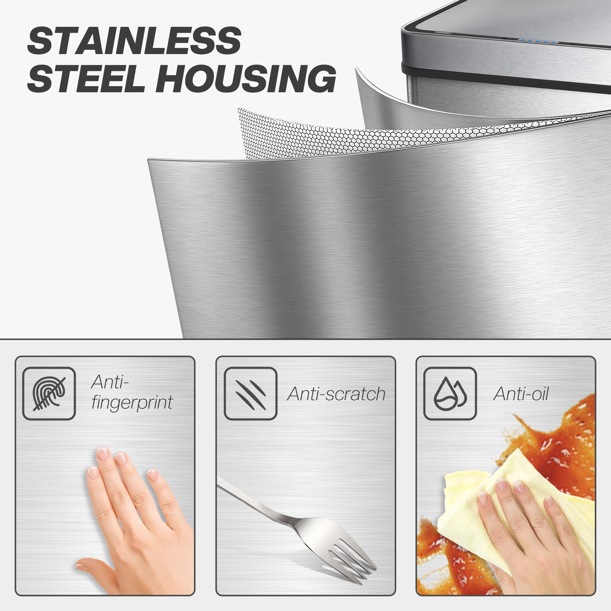 60 L Sensor Can, Sensor Bin with Soft-Close Lid, Fingerprint-Proof Stainless Steel, Silver Tone