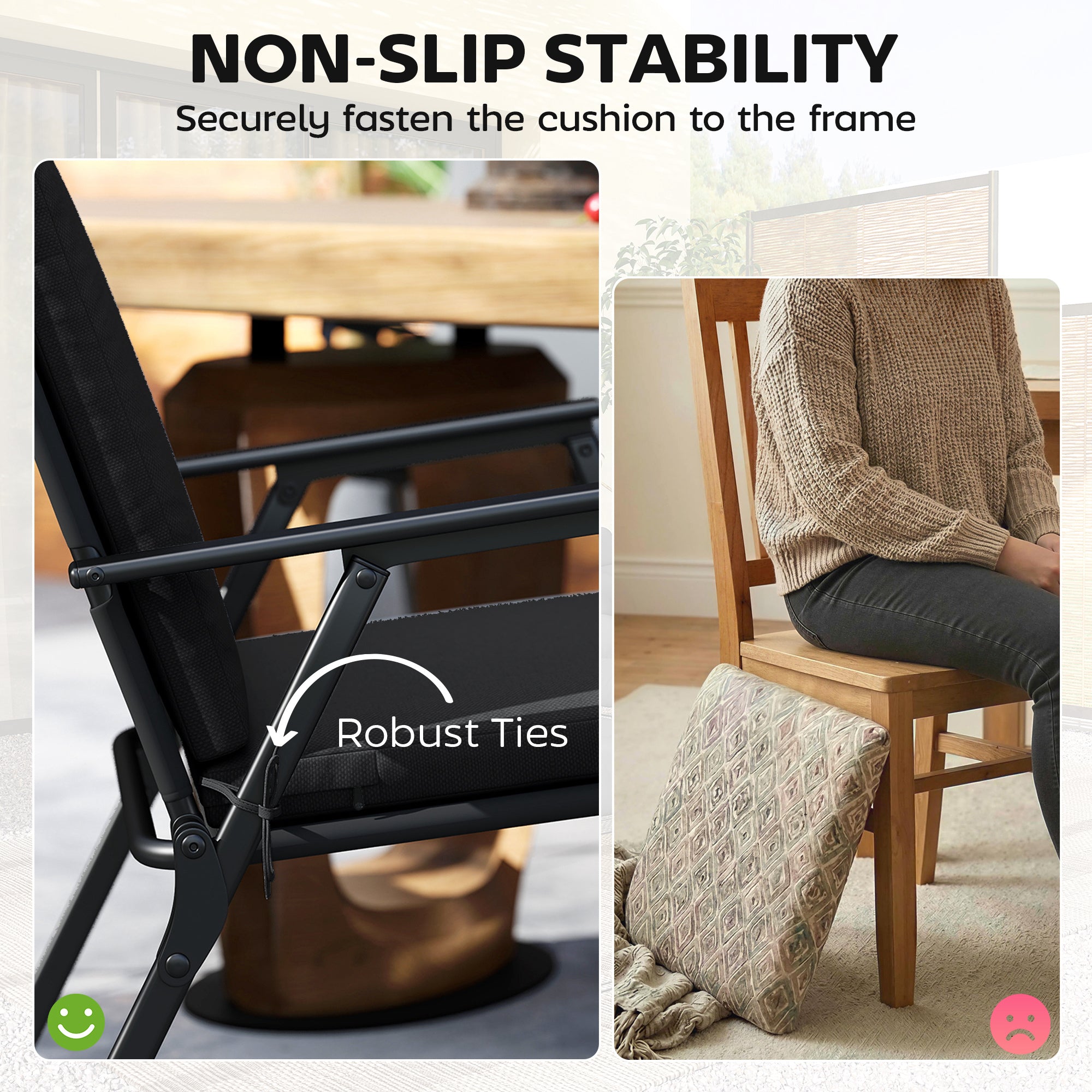 Outdoor Seat Cushions Set of 2 with Ties, Waterproof Garden Seat Pads, Black