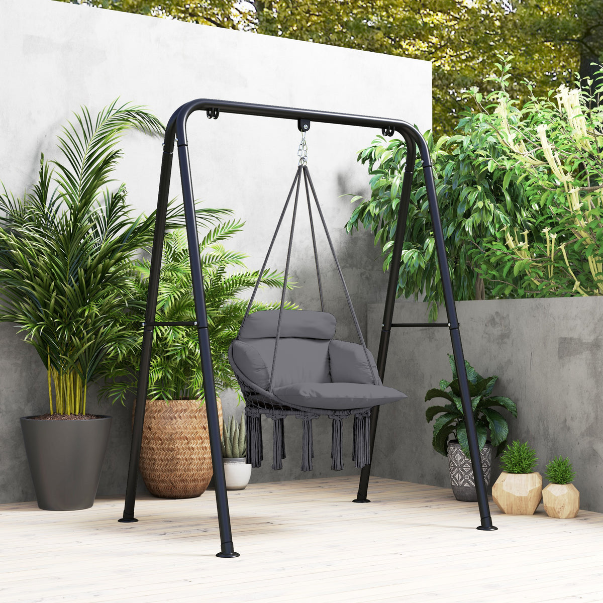 Hanging Hammock Chair with Soft Cushion Set and Steel Frame - Dark Grey