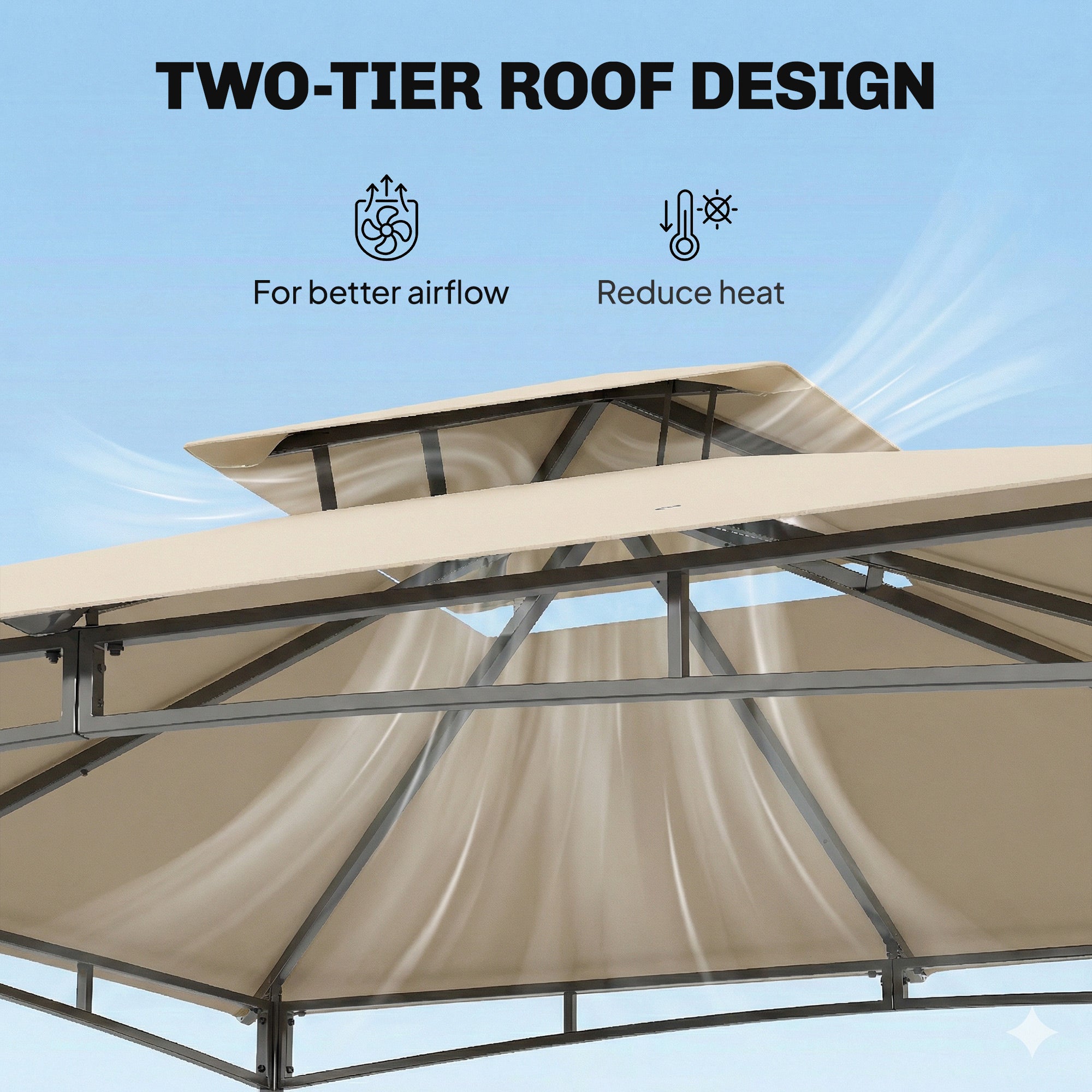 3 x 3 m Gazebo, Garden Gazebo with 2-Tier Roof, Metal Frame, Khaki