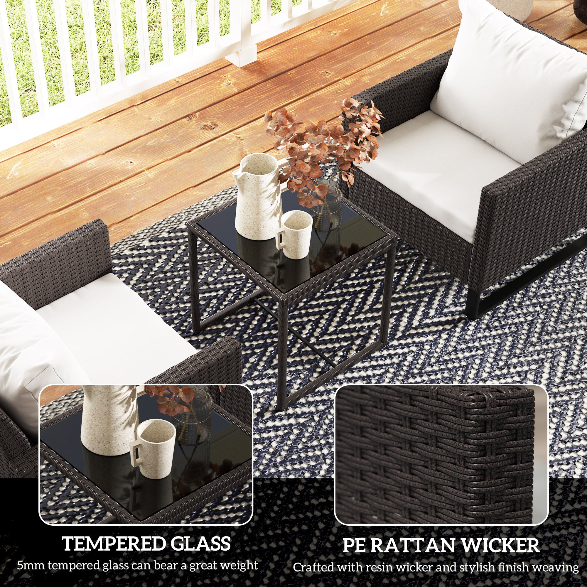 3 Piece Rattan Bistro Set with Cushions and Glass Table - Brown