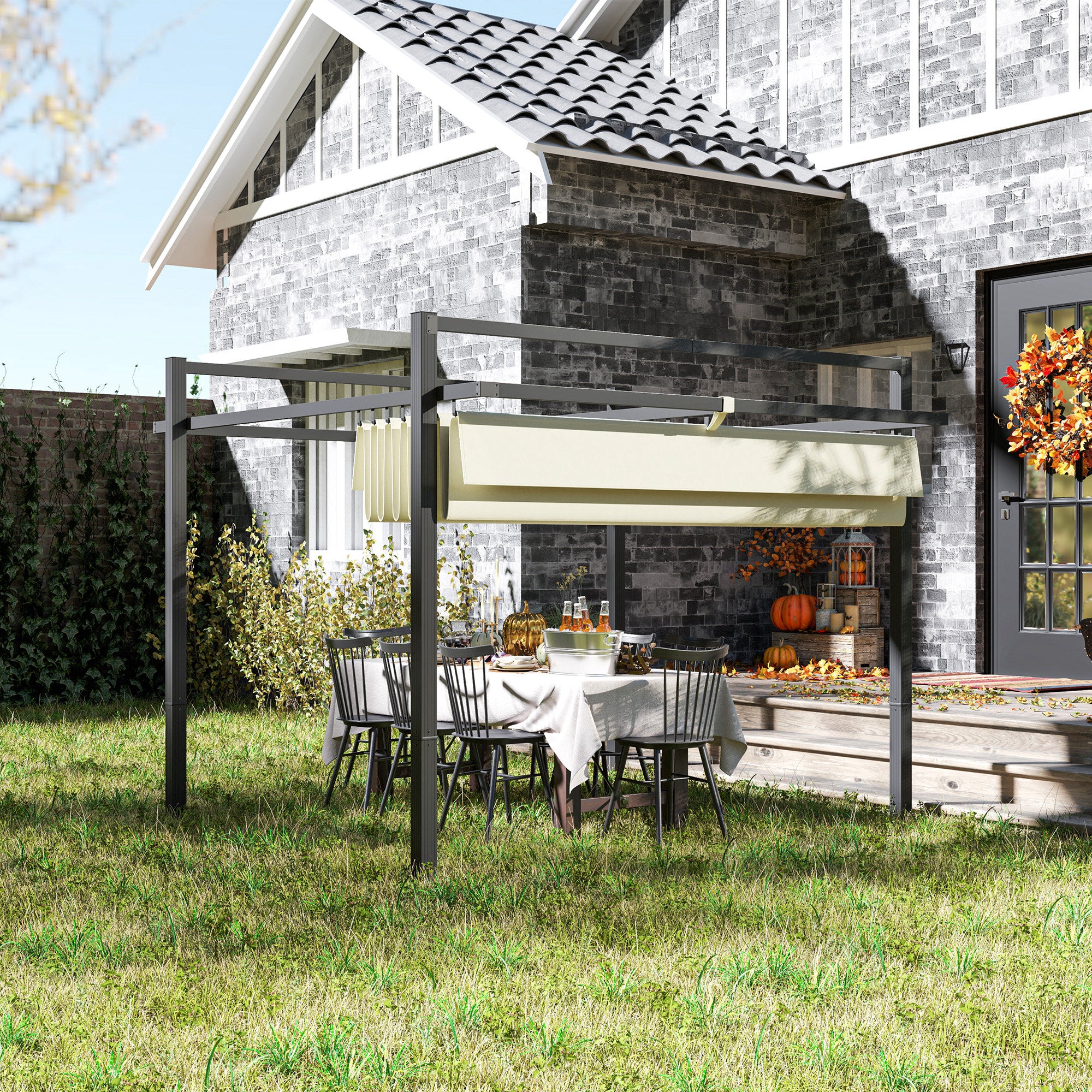 3 x 3 Metre Aluminium Pergola with Retractable Roof - Grey Khaki