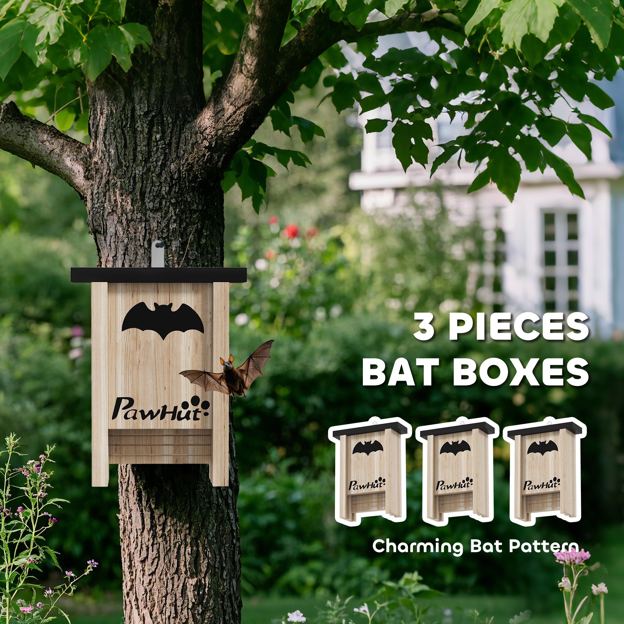 3PC Wooden Bat Boxes with Hooks for Outdoor Garden & Farm 18x6x22.5 cm - Natural Wood