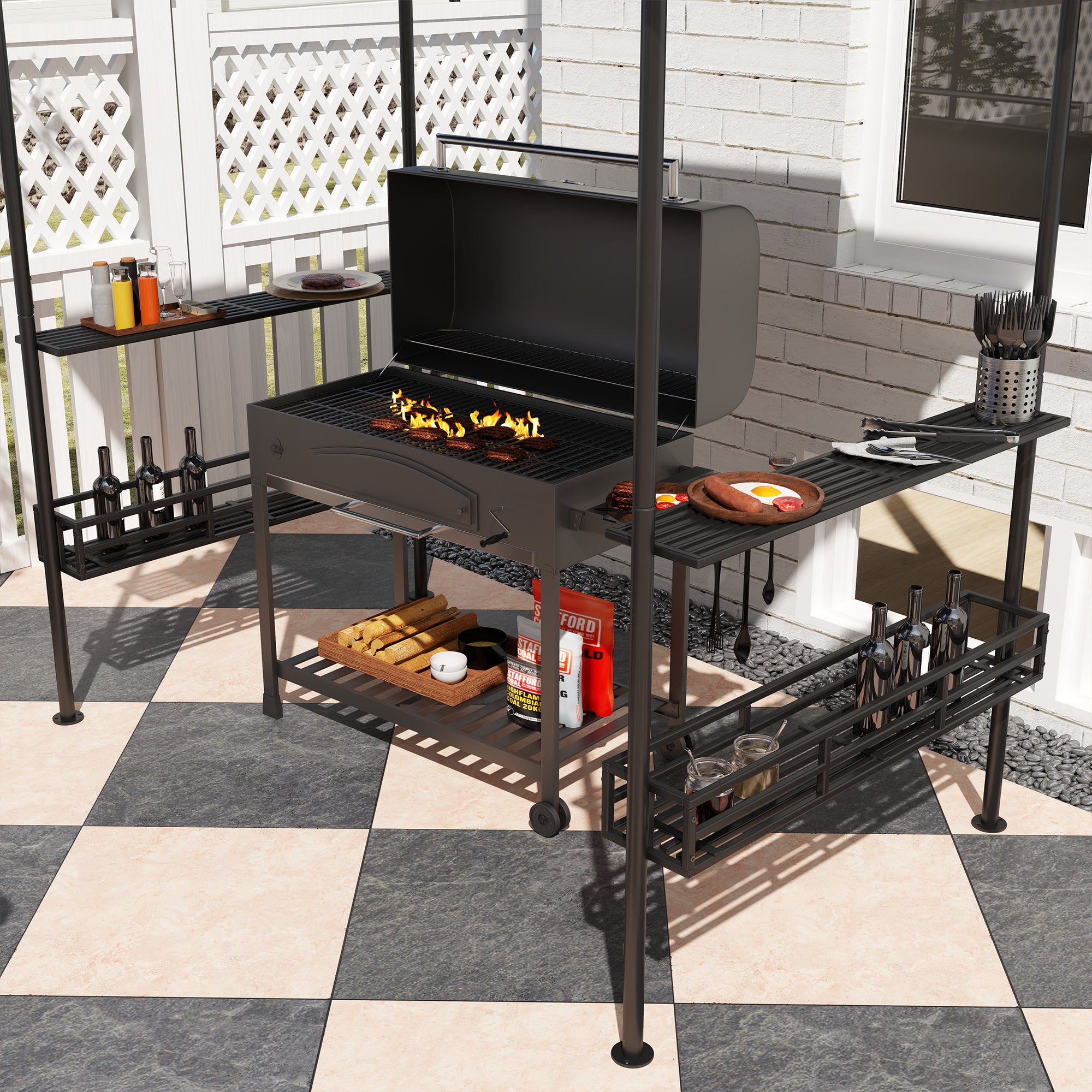 BBQ Grill Gazebo with Shelves and Baskets 150 x 240cm Grey Polyester Canopy