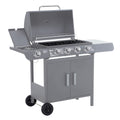 4+1 Burner Gas BBQ Grill Trolley with Wheels, Warming Rack, Side Shelves, Cabinet & Thermometer - Grey