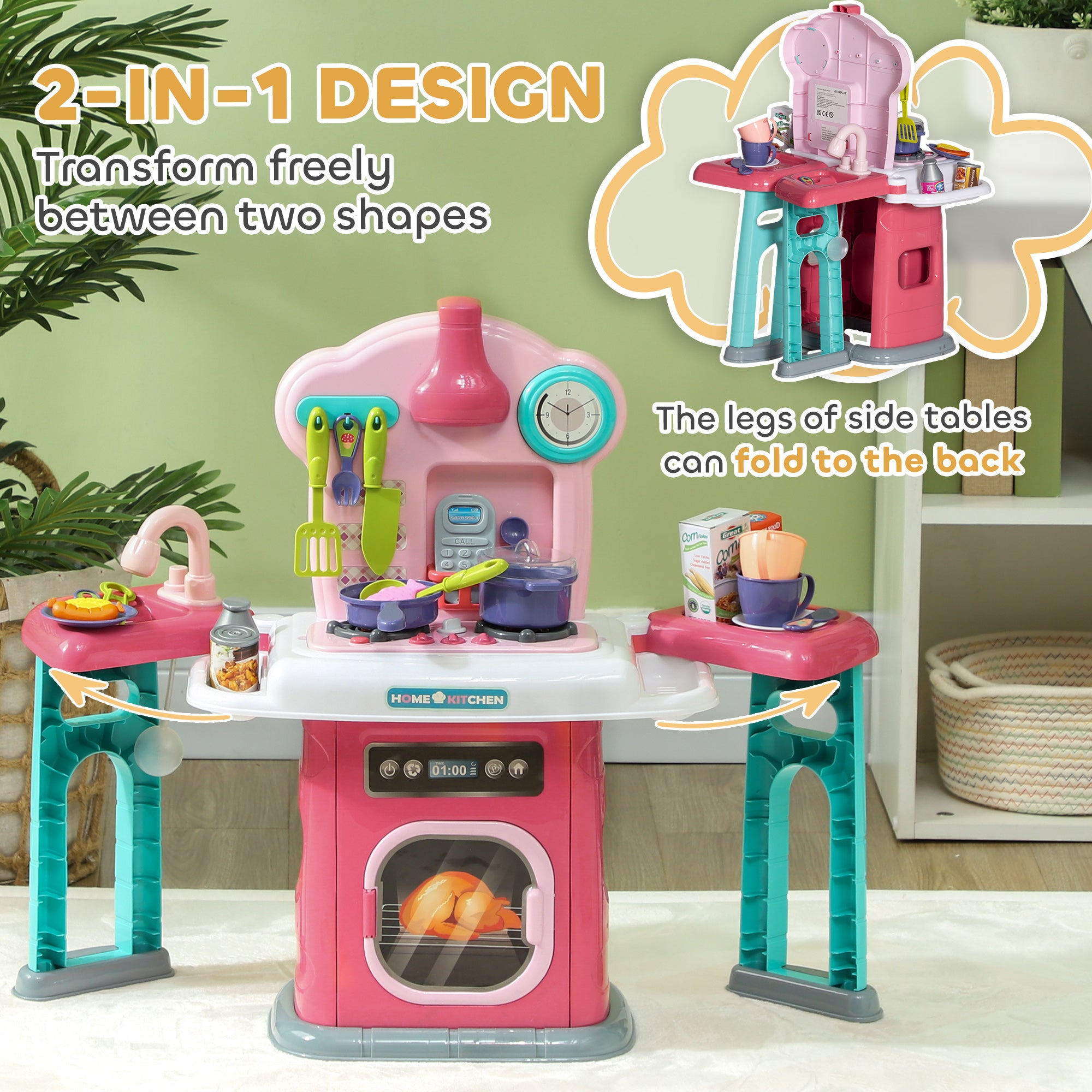 45-Piece Kids Kitchen, Toy Kitchen, with Rotating Side Tables, Lights, Sound Spray