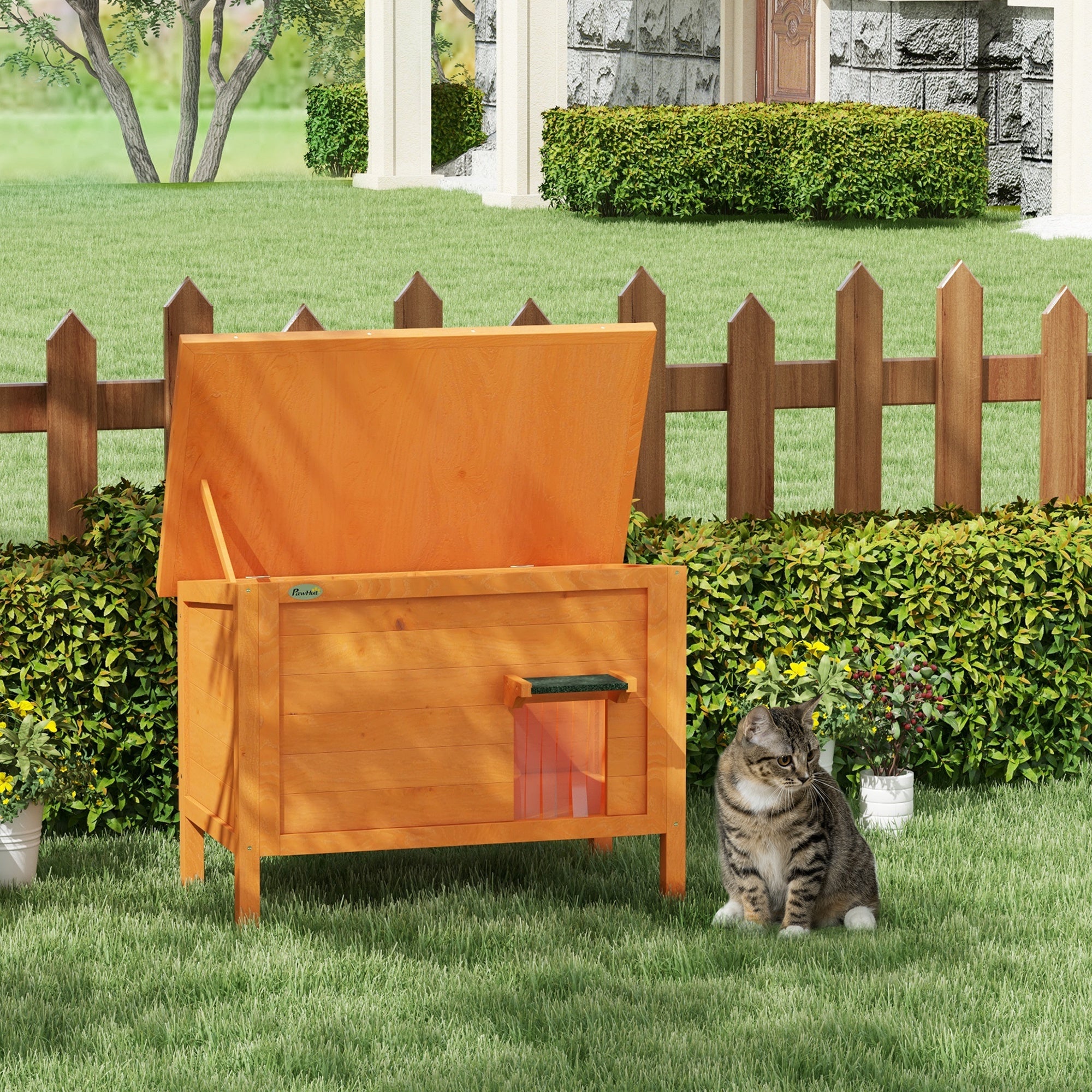 Feral Cat House, Wooden Insulated with Removable Floor, Water-Resistant Openable Roof - Orange