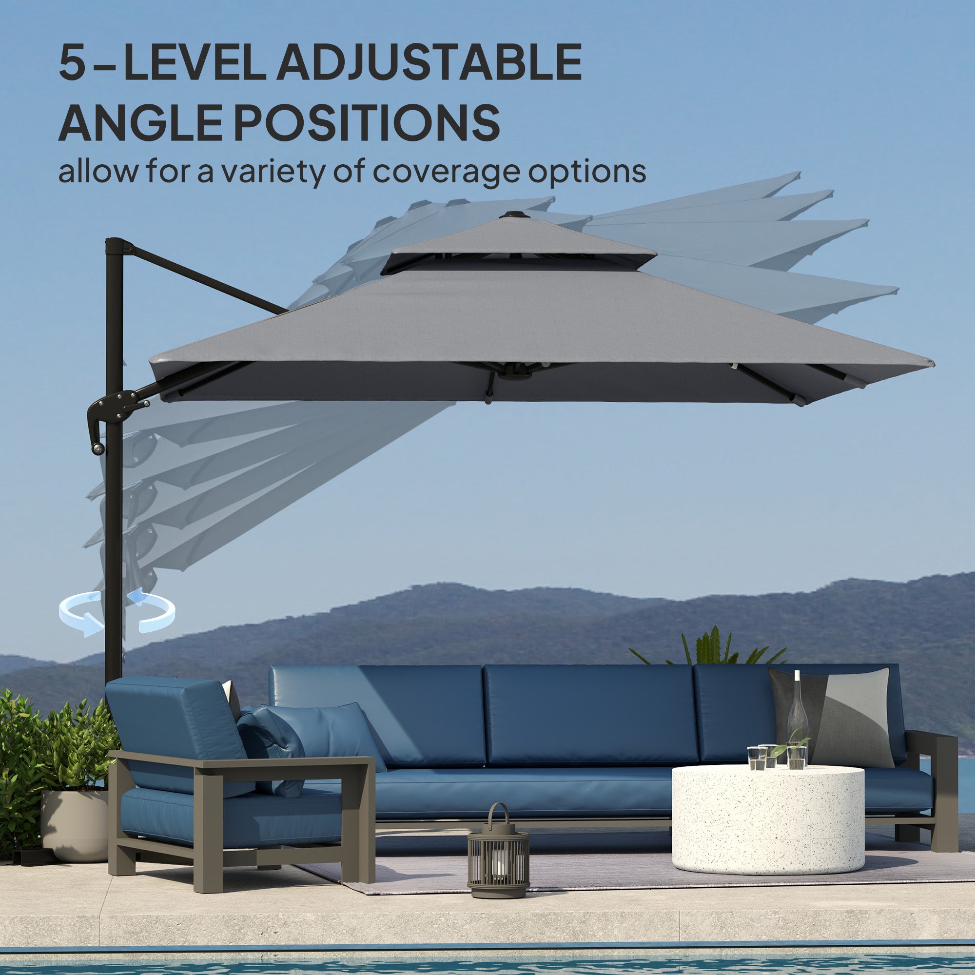 3 x 3m Cantilever Parasol with Aluminium Frame, Crank, Tilt & 360° Rotation, Double Top Garden Umbrella with Base and Cover - Light Grey