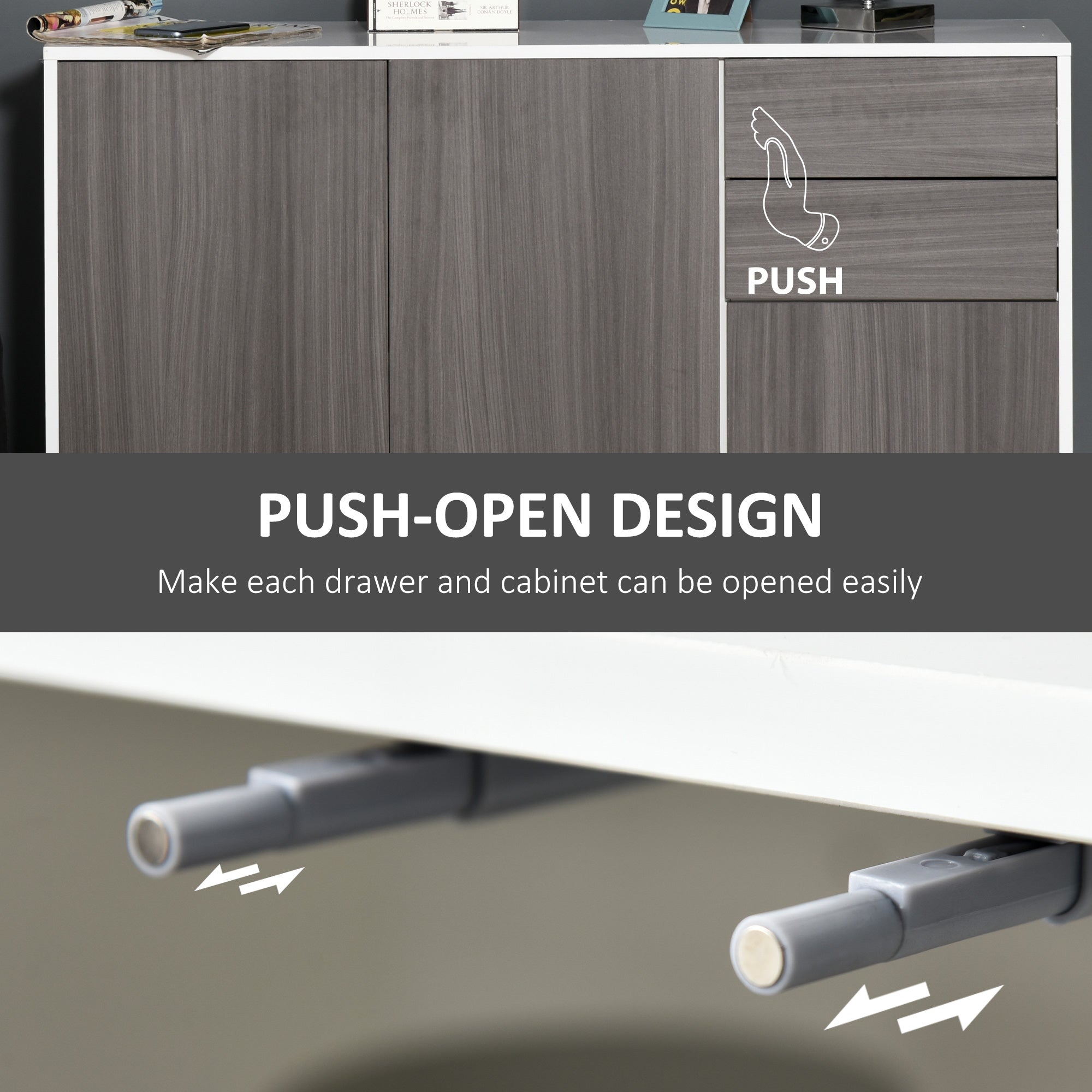 High Gloss Frame Sideboard, Side Cabinet, Push-Open Design with 2 Drawer for Living Room, Bedroom, Light Grey and White