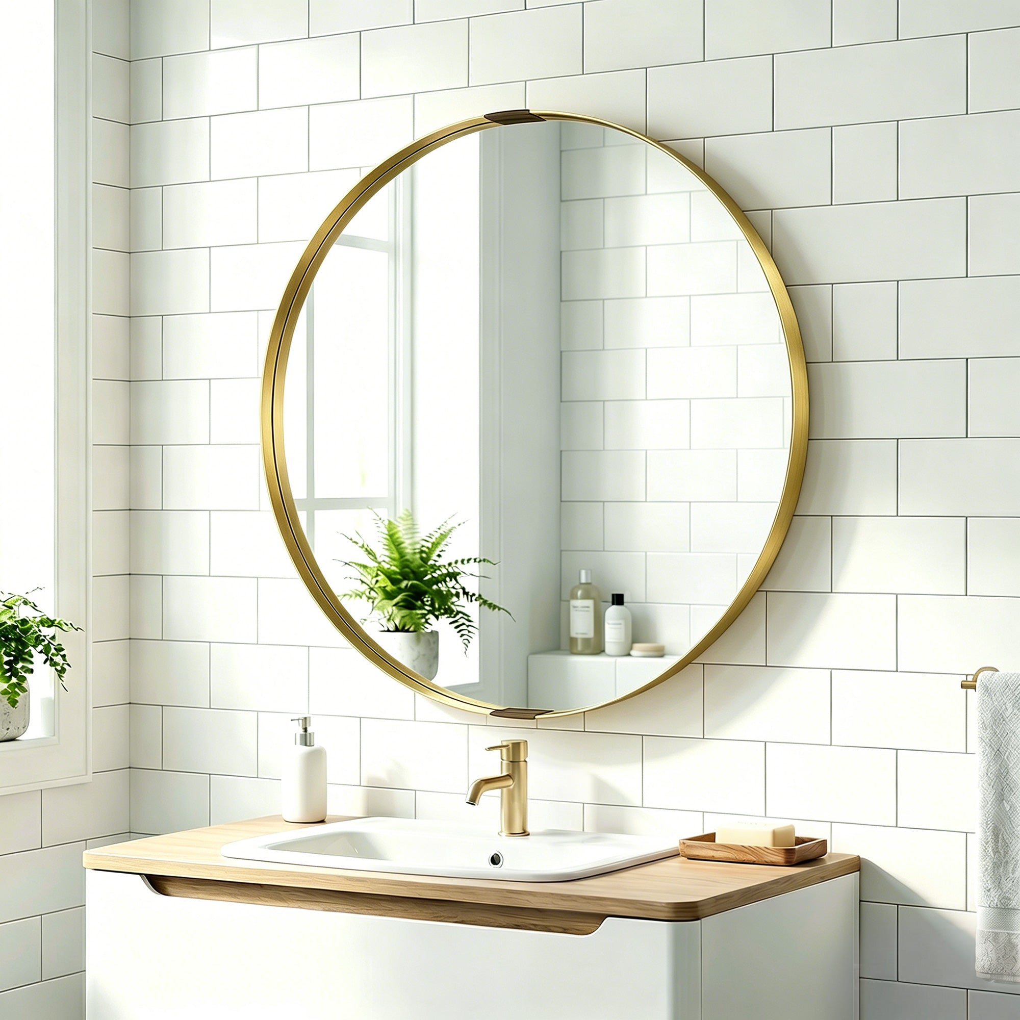 Round Wall Mirror 61 cm, Wall Mounted Bathroom Mirror with Tempered Safety Glass and Aluminium Alloy Frame, Gold Tone