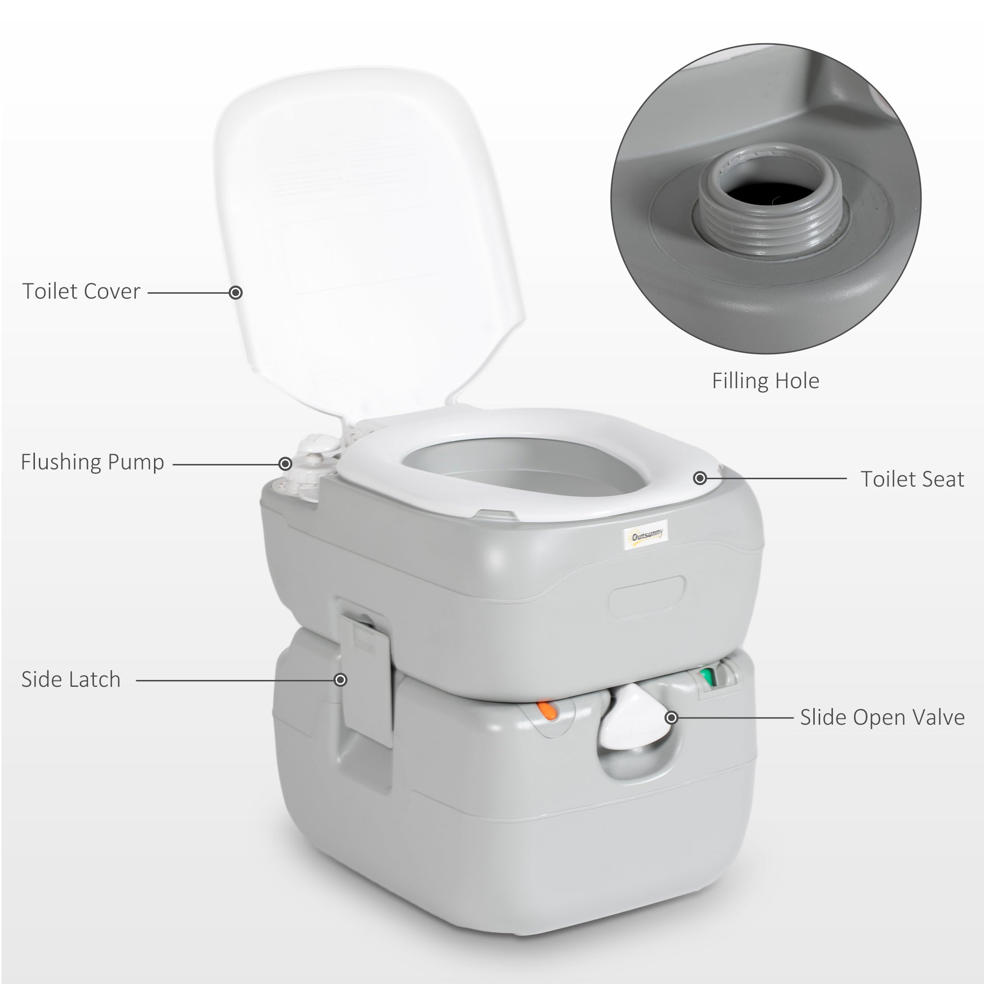 Portable Camping Toilet for Adults with Anti-Leak Design and 12L Fresh Water Tank - Grey