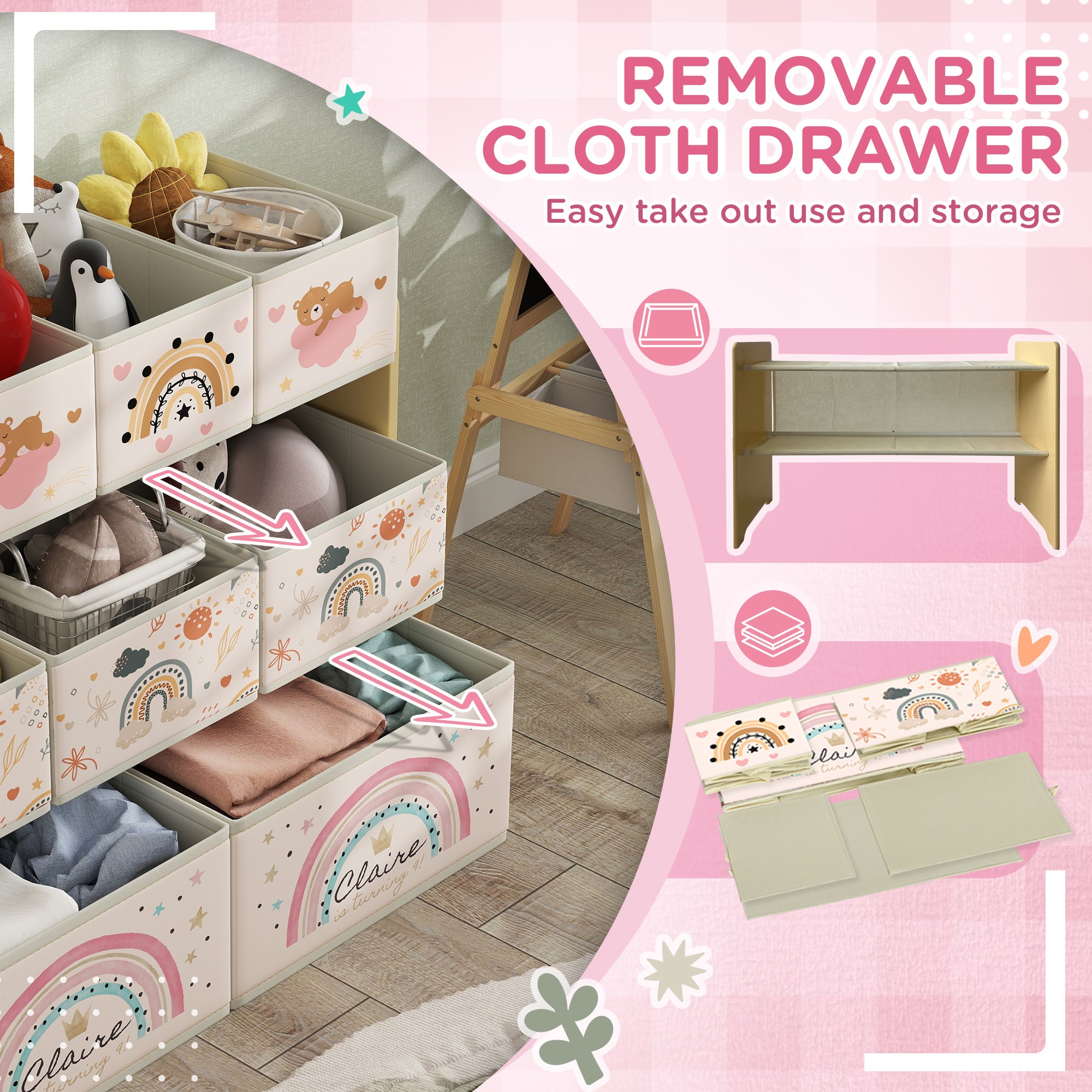 3 Tier Kids Storage Unit with 9 Non-Woven Fabric Boxes - Yellow