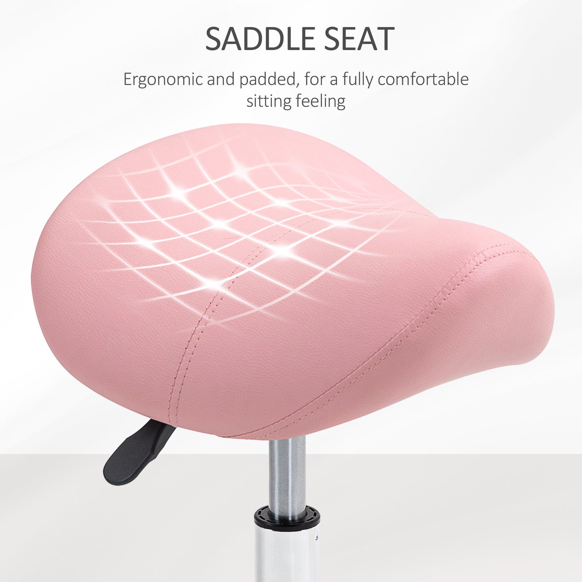 Adjustable PU Leather Saddle Stool with Steel Frame and Rolling Wheels for Salon, Spa, Tattoo - Pink