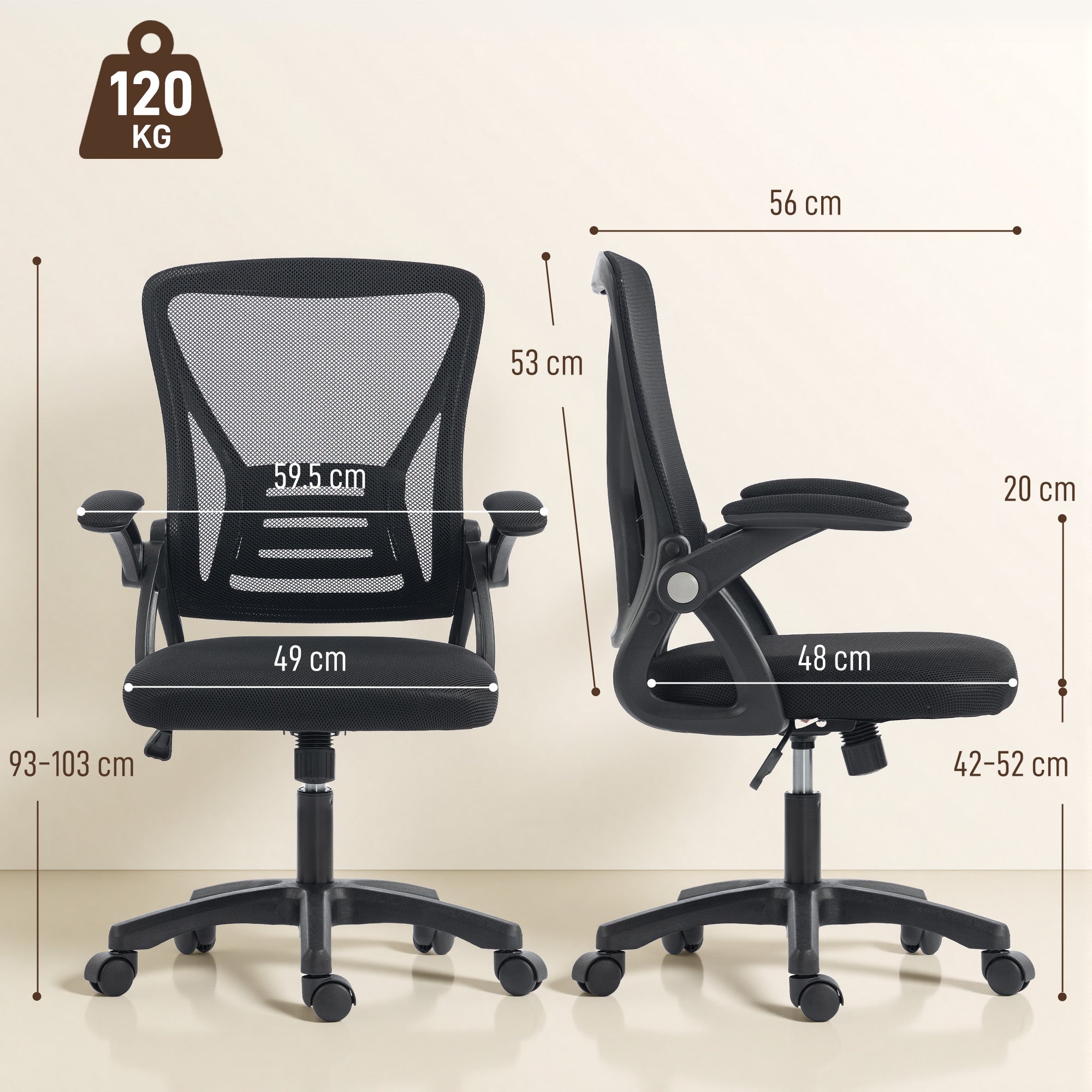 Office Chair, Mesh Desk Chair with Flip-up Armrests, Lumbar Support, Adjustable Height, Black