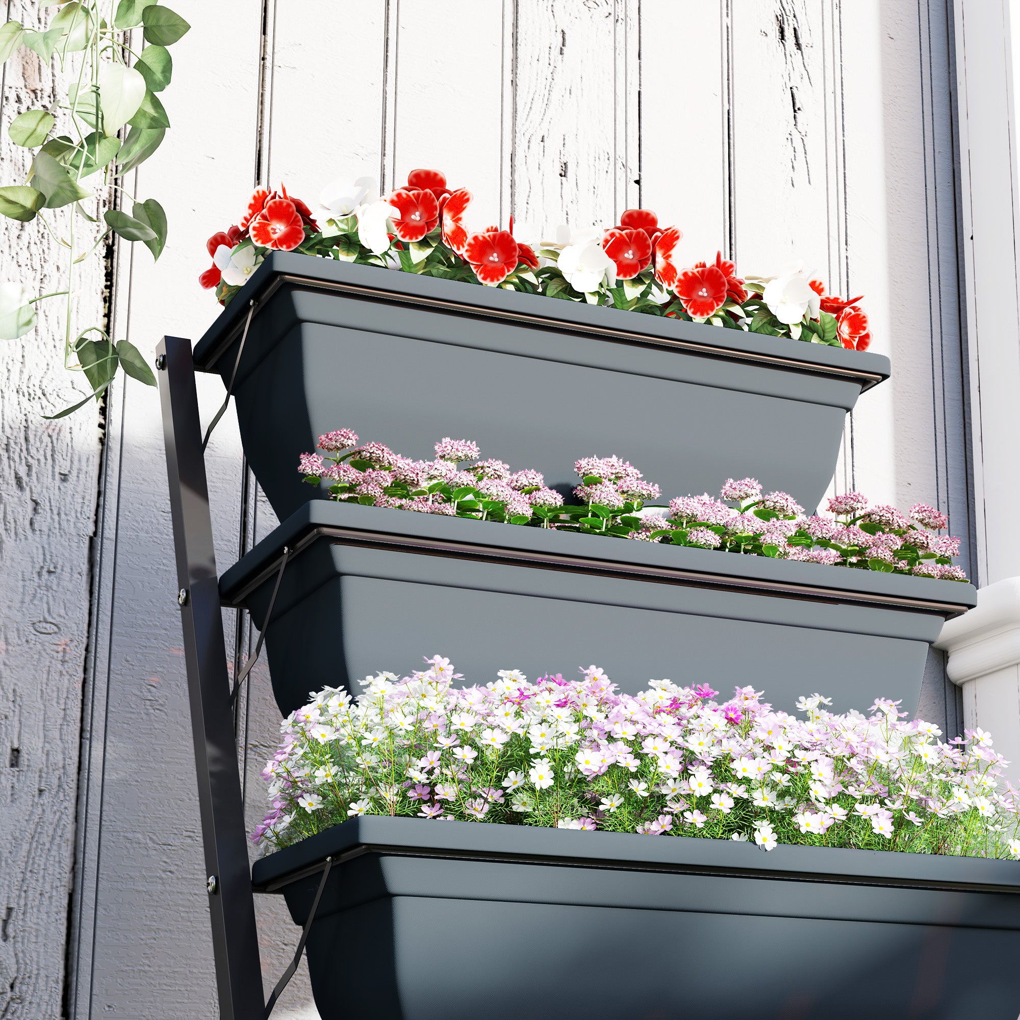 5-Tier Raised Garden Bed, Vertical Ladder Plant Stand with 5 Removable Boxes, Drainage Holes and Plugs, Indoor Outdoor Elevated Flower Herb Growing Box for Garden Patio Balcony, Grey