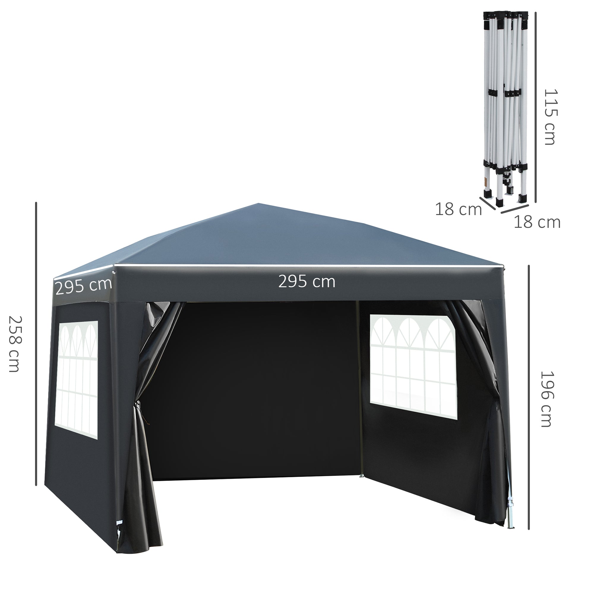 3 x 3 m Garden Pop Up Gazebo, Wedding Party Tent Marquee, Water Resistant Awning Canopy with Sidewalls, Windows, Carry Bag, Black