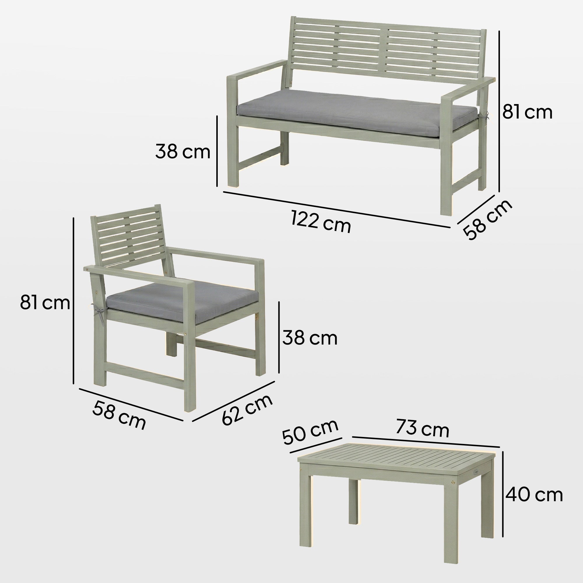 4 Seater Wooden Garden Furniture Set with Loveseat, Armchairs, Table, Acacia Wood Garden Sofa Set, Light Grey