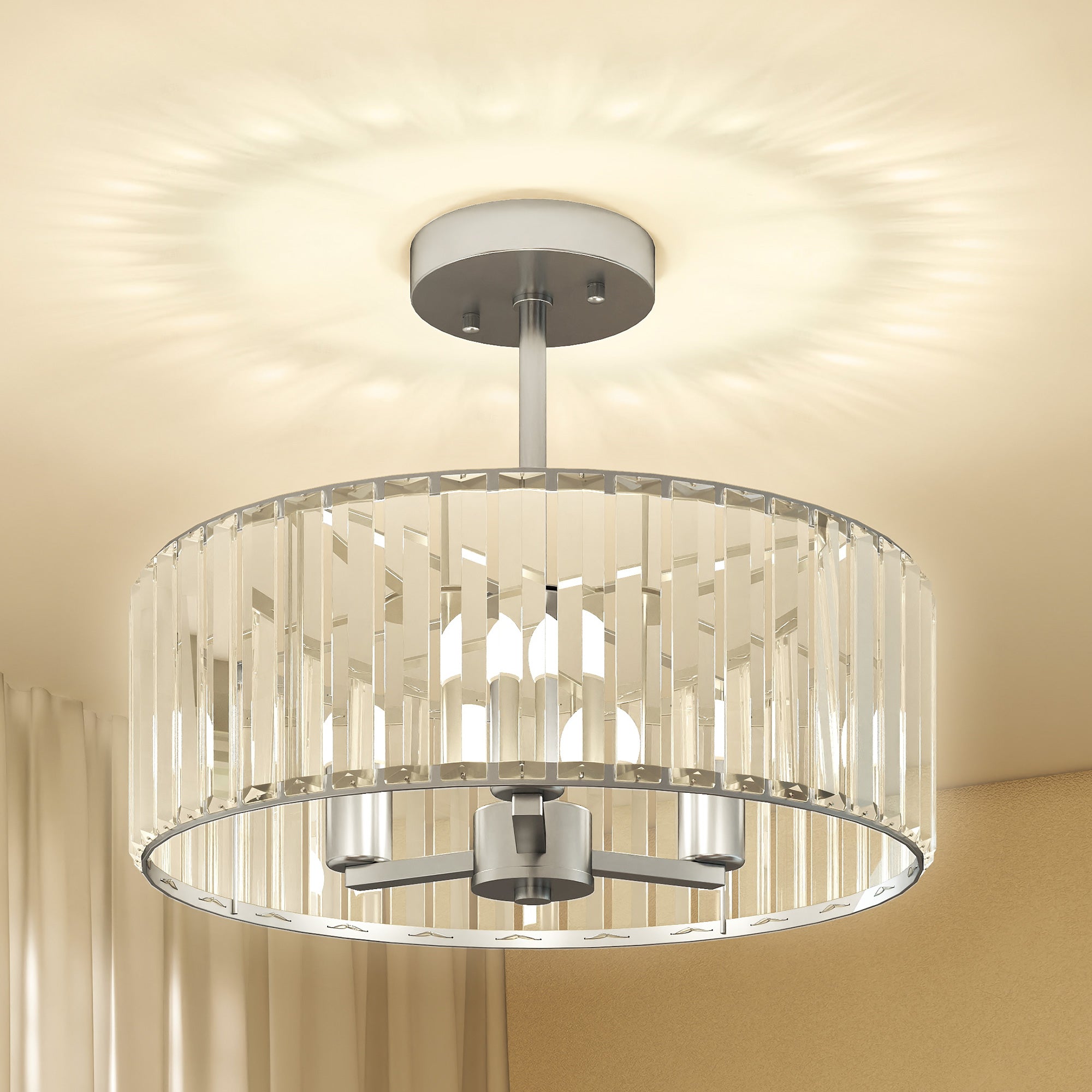 Crystal Ceiling Light Fixture Set of 2, Semi Flush Mount Modern Chandelier for Living Room, Bedroom and Hallway, 3-Lights with E14 Base, Silver Tone