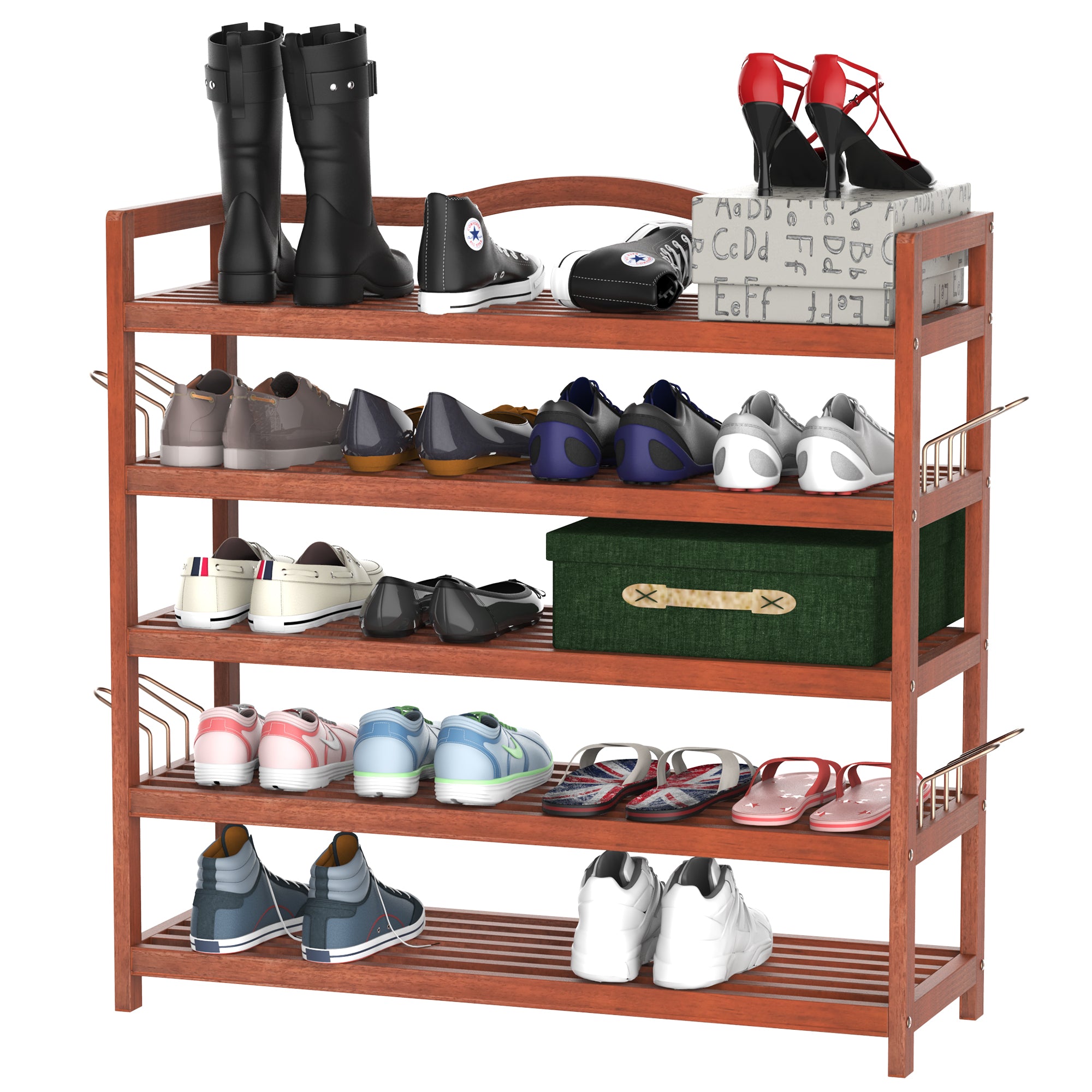 5-Tier Shoe Rack, Acacia Wooden Shoe Storage Organiser with Hangers, Holds up to 24 Pairs, for Entryway, Living Room, 84 x 26 x 82 cm, Teak