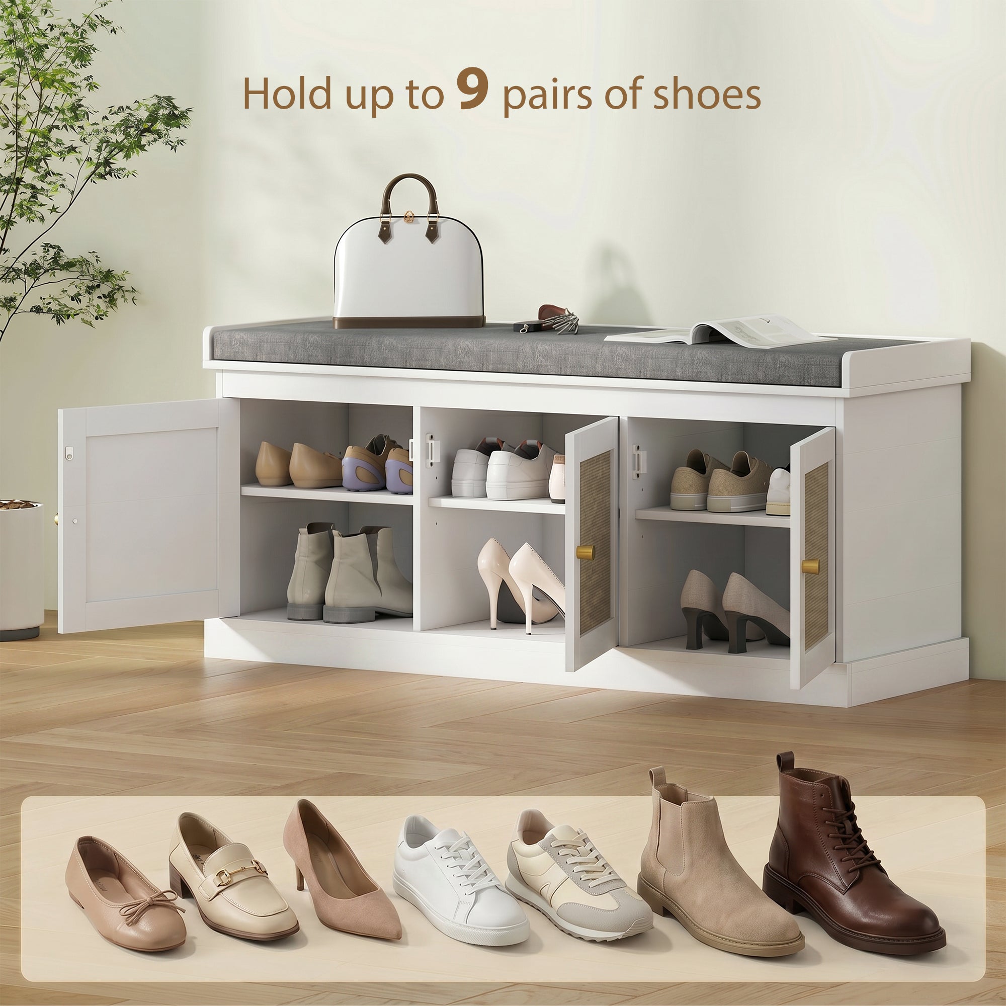 Shoe Storage Bench with Woven Rattan Doors, Seat - White