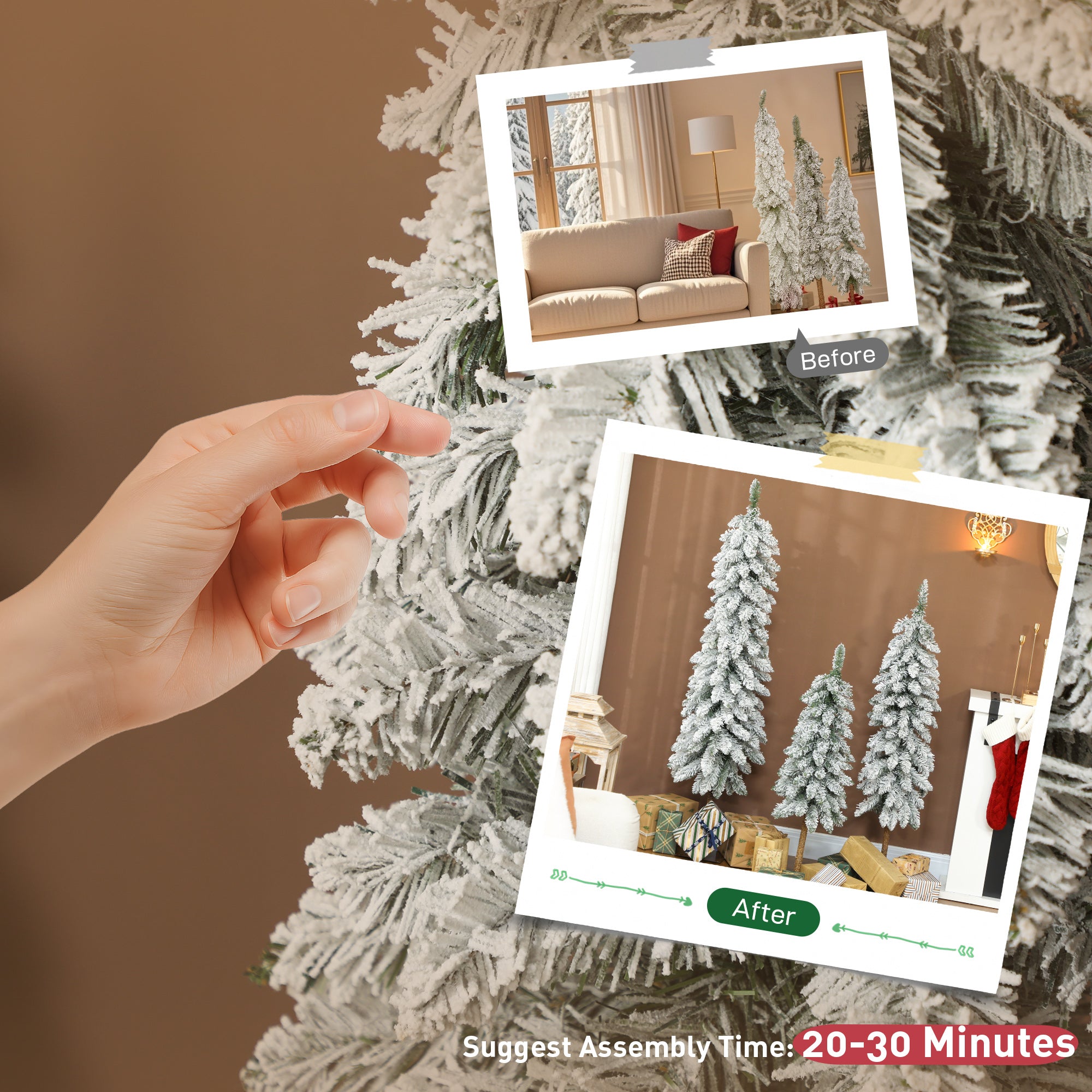 Set of 3 Pencil Flocked Christmas Tree, 3ft 4ft 5ft