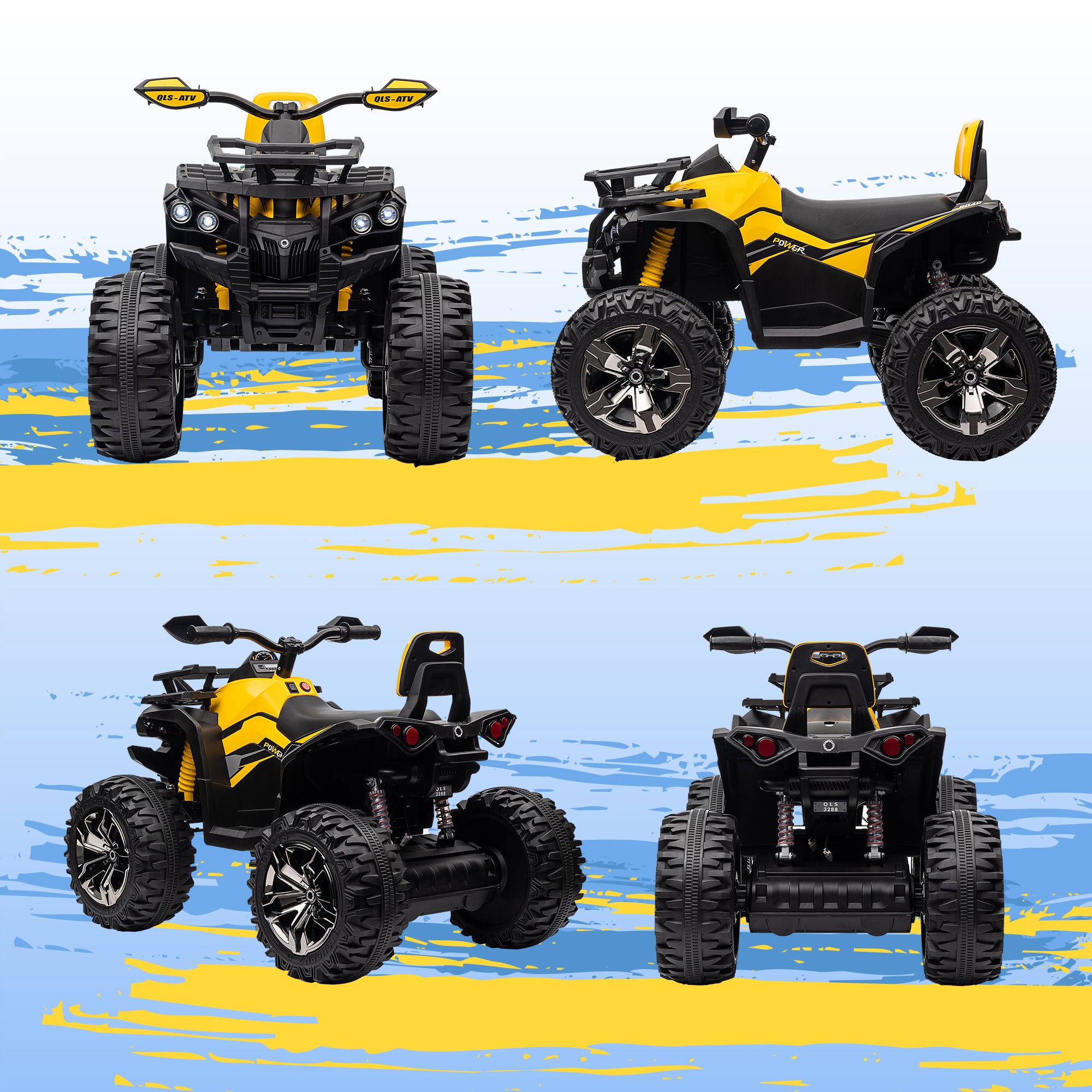 12V Quad Bike ATV with LED Lights, Music, Backrest, Forward, Backward, Yellow