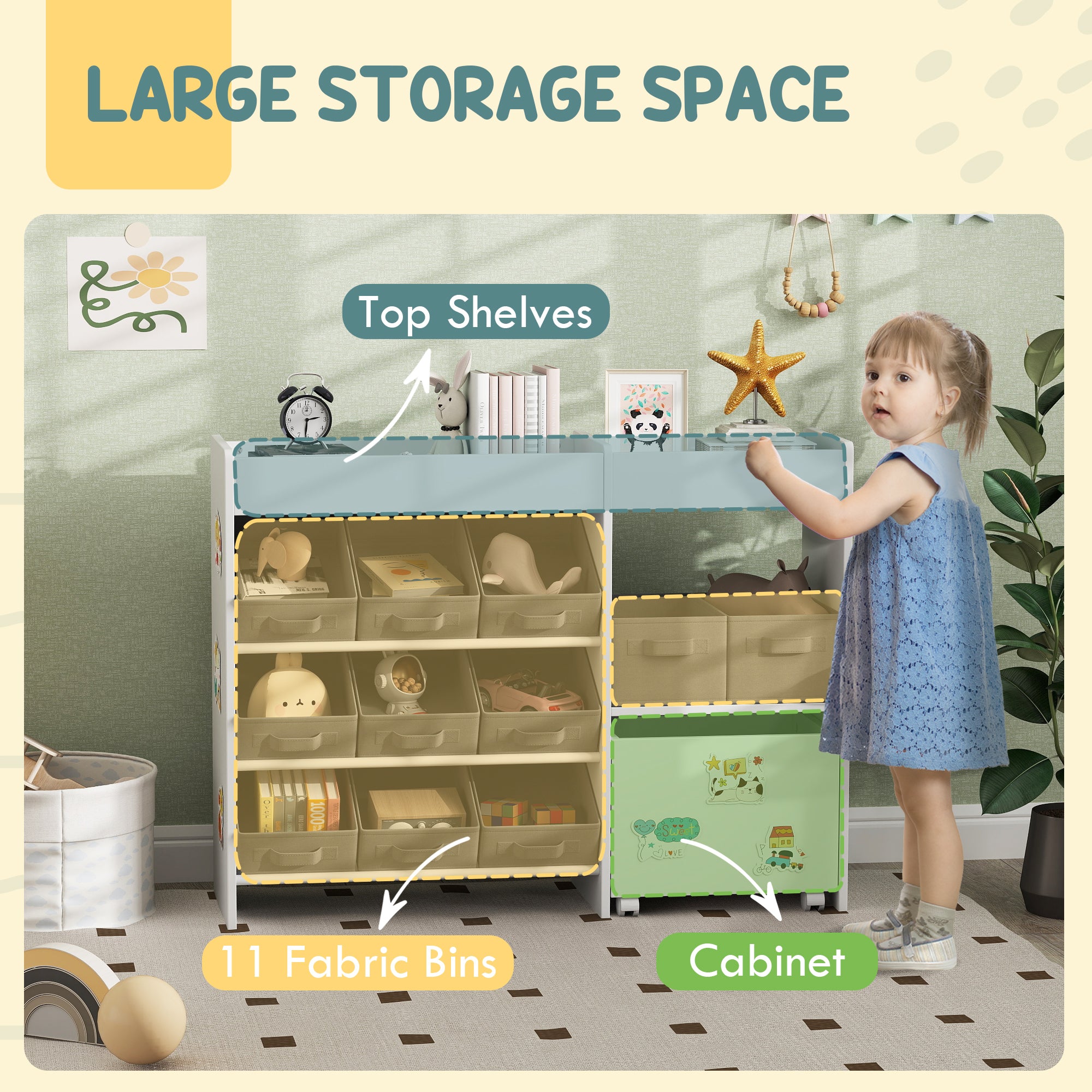 Kids Toy Storage Unit with 11 Fabric Bins and Shelves - White