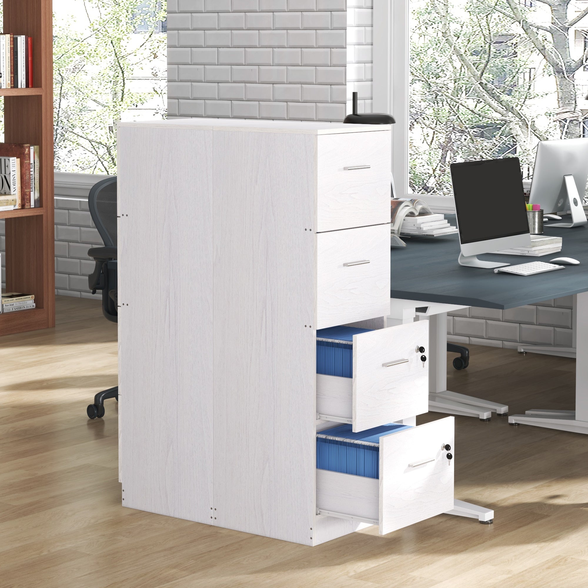 Four-Drawer Lockable Filing Cabinet - White Wood Effect