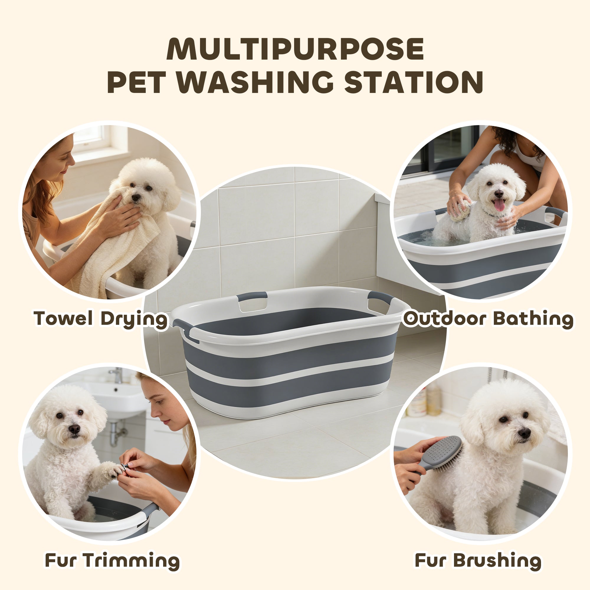 Dog Bath Tub, Portable Foldable Dog Bathtub with Drainage Hole, for Small Dogs Puppies Grey