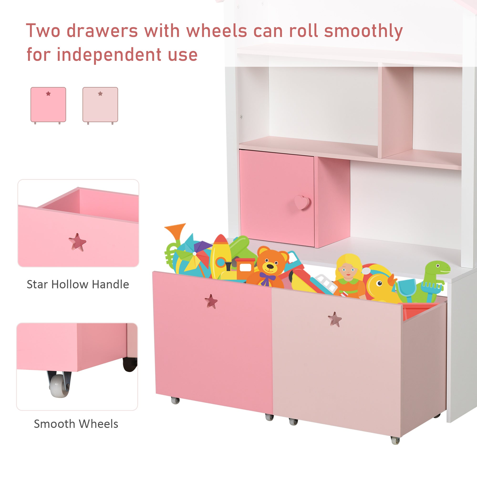 Kids Bookshelf Chest w/ Drawer with Wheels Baby Toy Wood Organizer Display Stand Storage Cabinet 80x34x130cm Pink